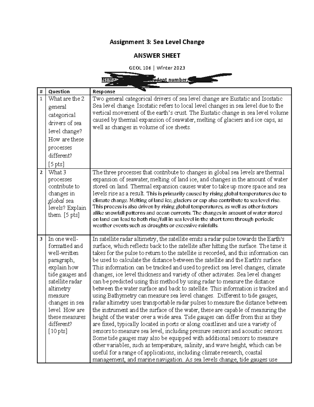 A3 Answer Sheet Assignment 3 Sea Level Change ANSWER SHEET GEOL 106