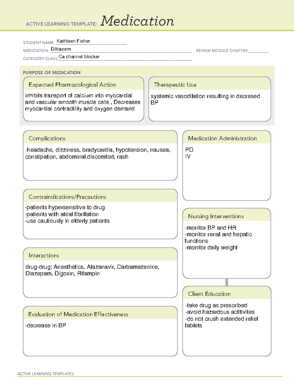 Medtemp diltiazem ATI template ACTIVE LEARNING TEMPLATES Medication