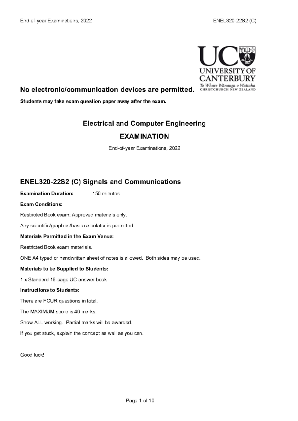 ENEL320 2022 Exam - No Electronic/communication Devices Are Permitted ...