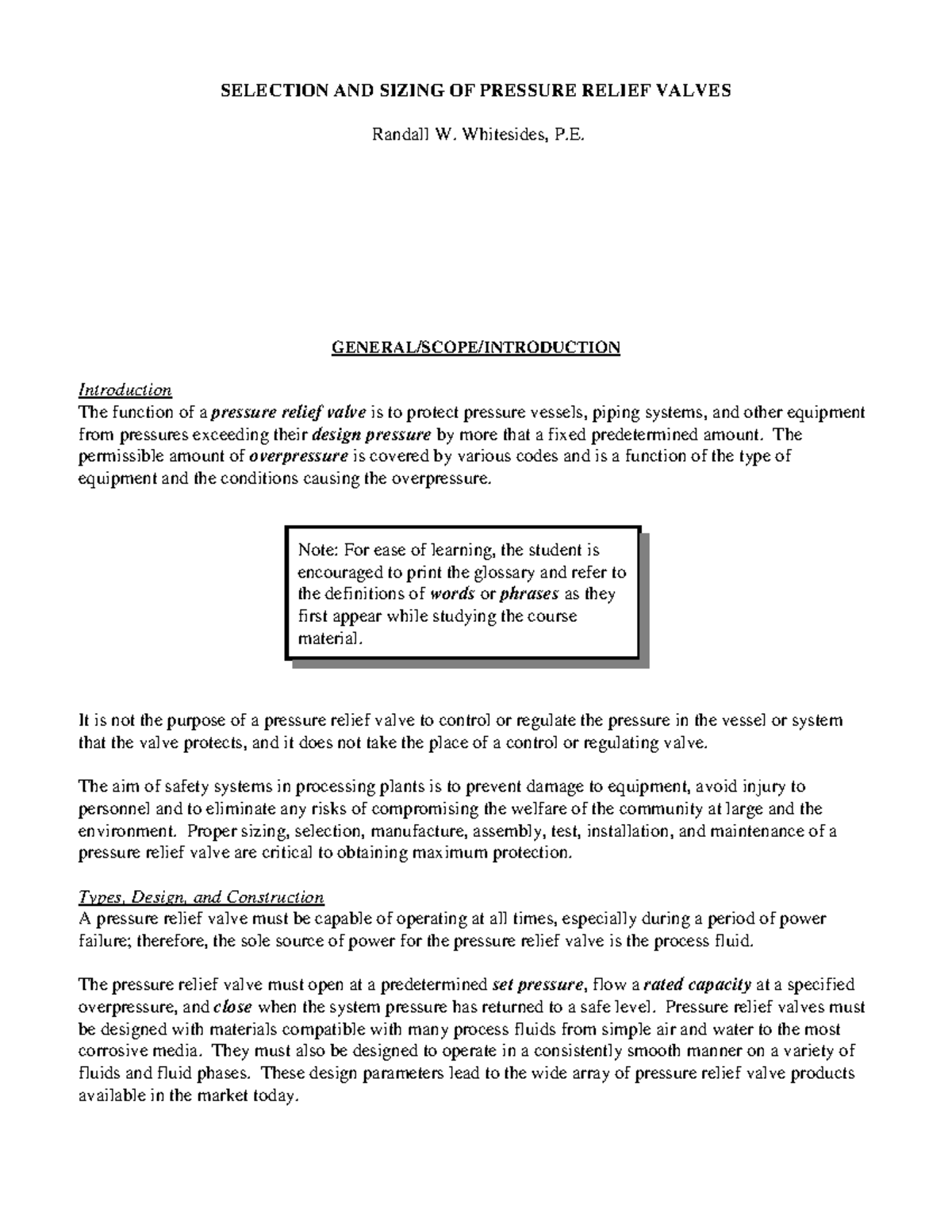 Selection and Sizing of Pressure Relief Valves - SELECTION AND SIZING ...