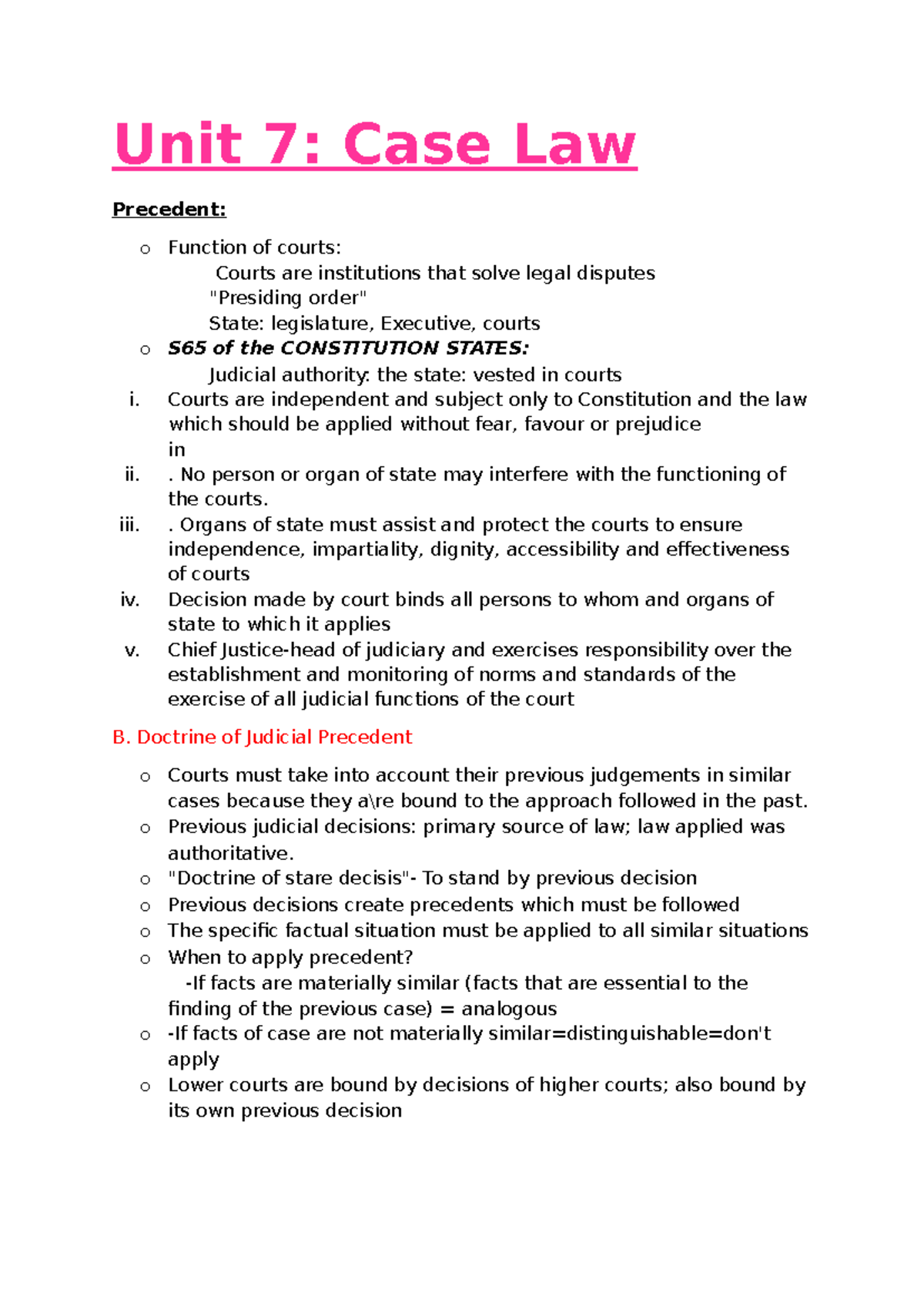 Unit 7 - Summary notes on unit 7 - Unit 7: Case Law Precedent: o ...