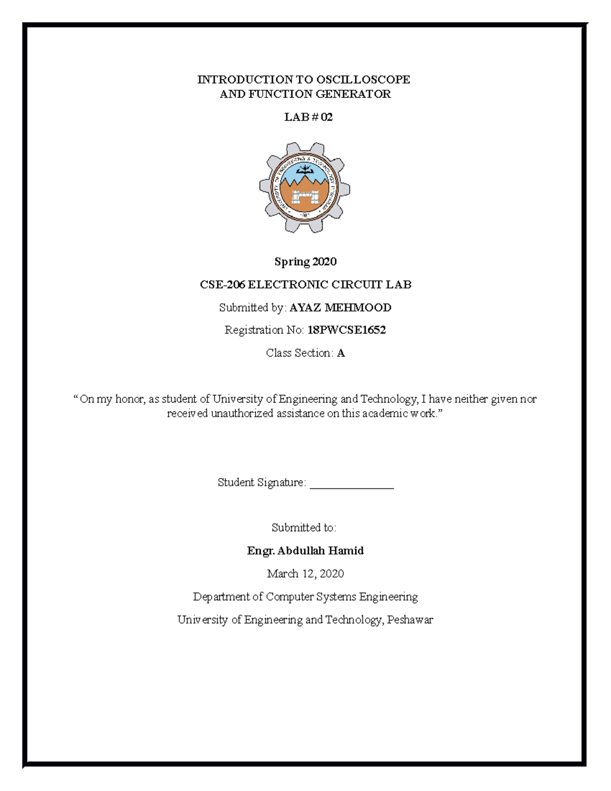 Lab2 Lab report INTRODUCTION TO OSCILLOSCOPE AND FUNCTION GENERATOR