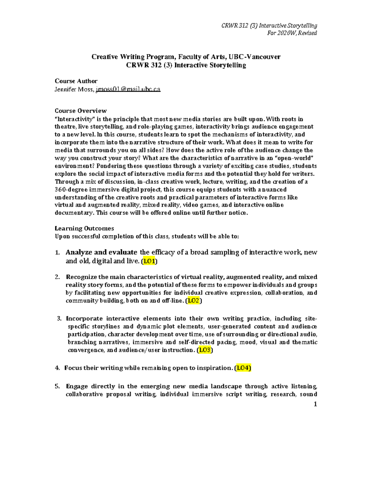 Crwr 312 Syllabus 2020 - Crwr - For 2020w, Revised Creative Writing 