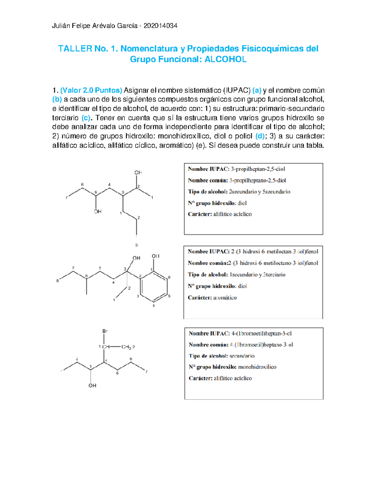 Taller Uno Grupos Funcionales - Quimica Organica II - TALLER No. 1 ...