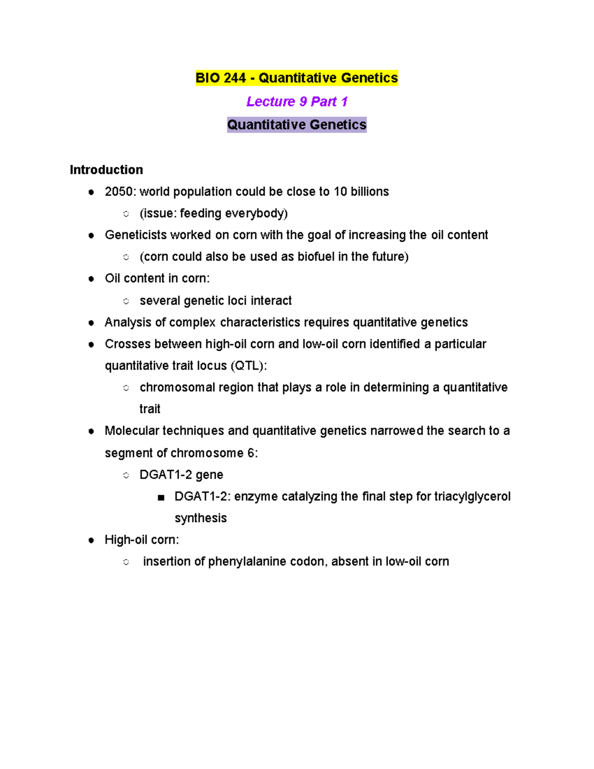 BIO 244 Lecture 9 Part 1 - Summer 2021 - Bio244 - Genetics I - StuDocu