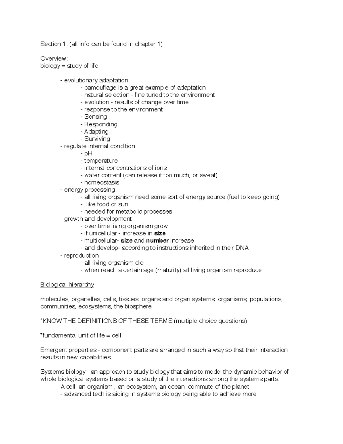 Biology 1001 Notes Section 1 - Section 1: (all Info Can Be Found In ...