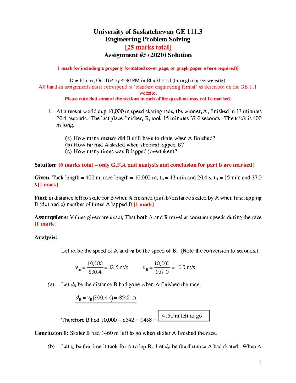 05 Assign Solution 2020 - ####### 1 University of Saskatchewan GE 111 ...