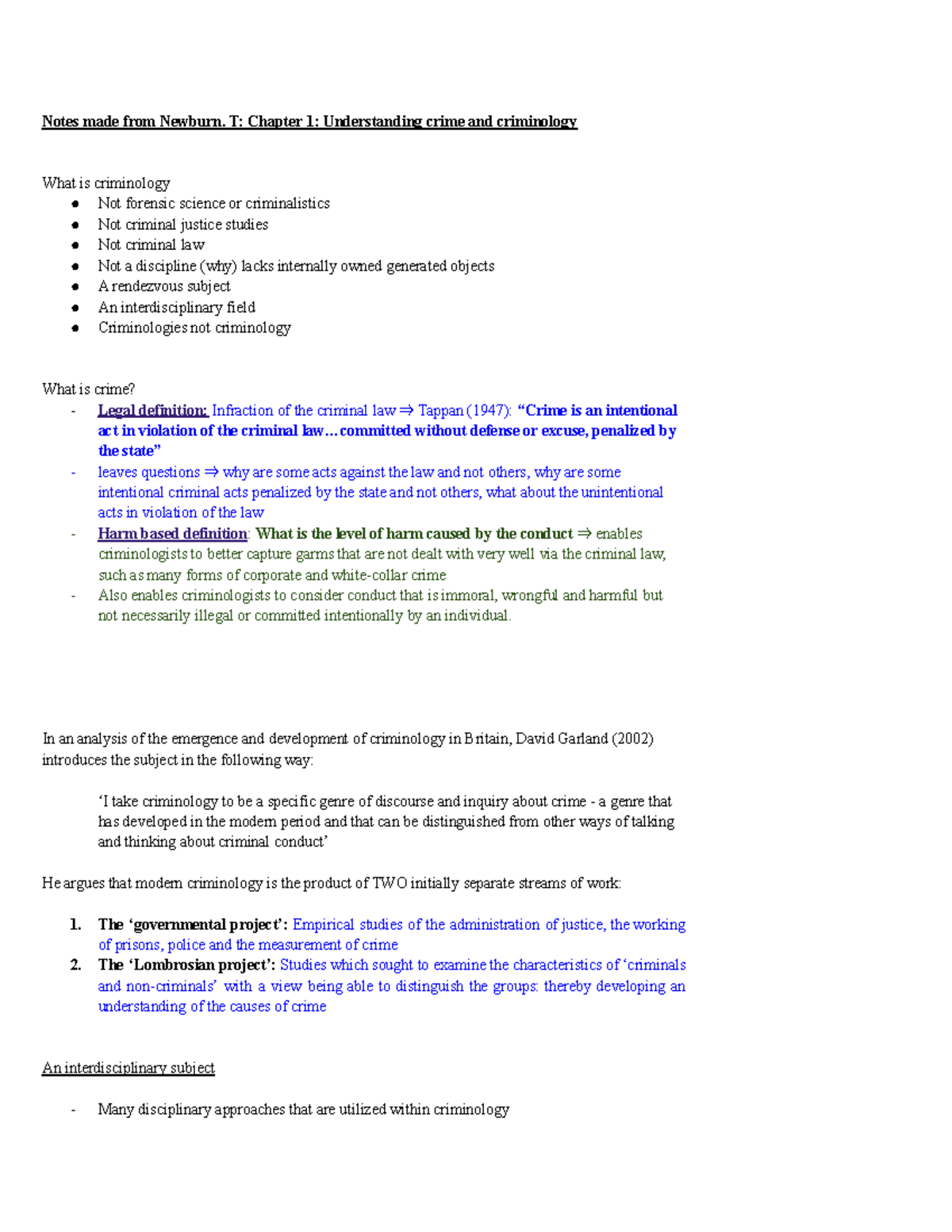 Criminology - Chapter 1 - Week 2 - Notes Made From Newburn. T: Chapter ...