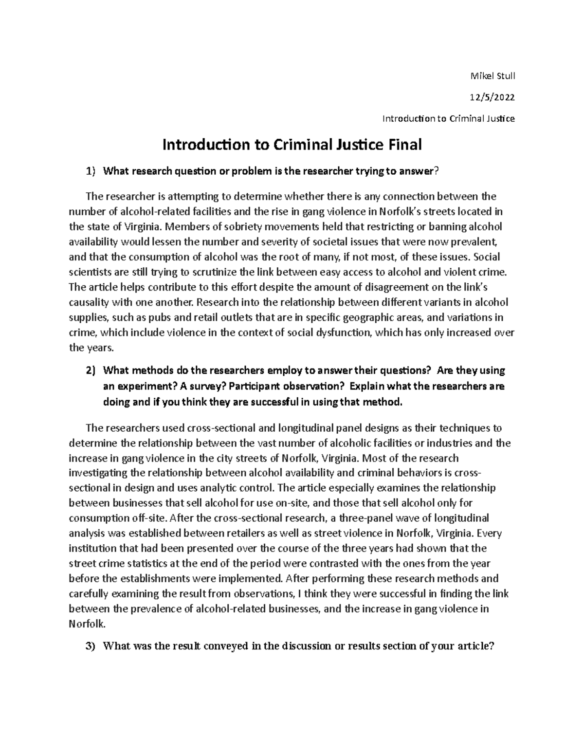 Introduction To Criminal Justice Final - Mikel Stull 12/5/ Introduction ...