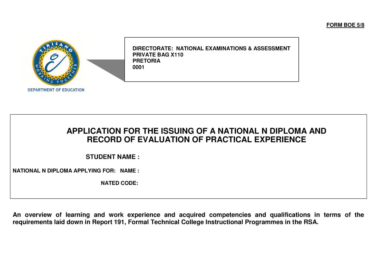 DHET National Diploma Application FORM FORM BOE 5/ APPLICATION FOR