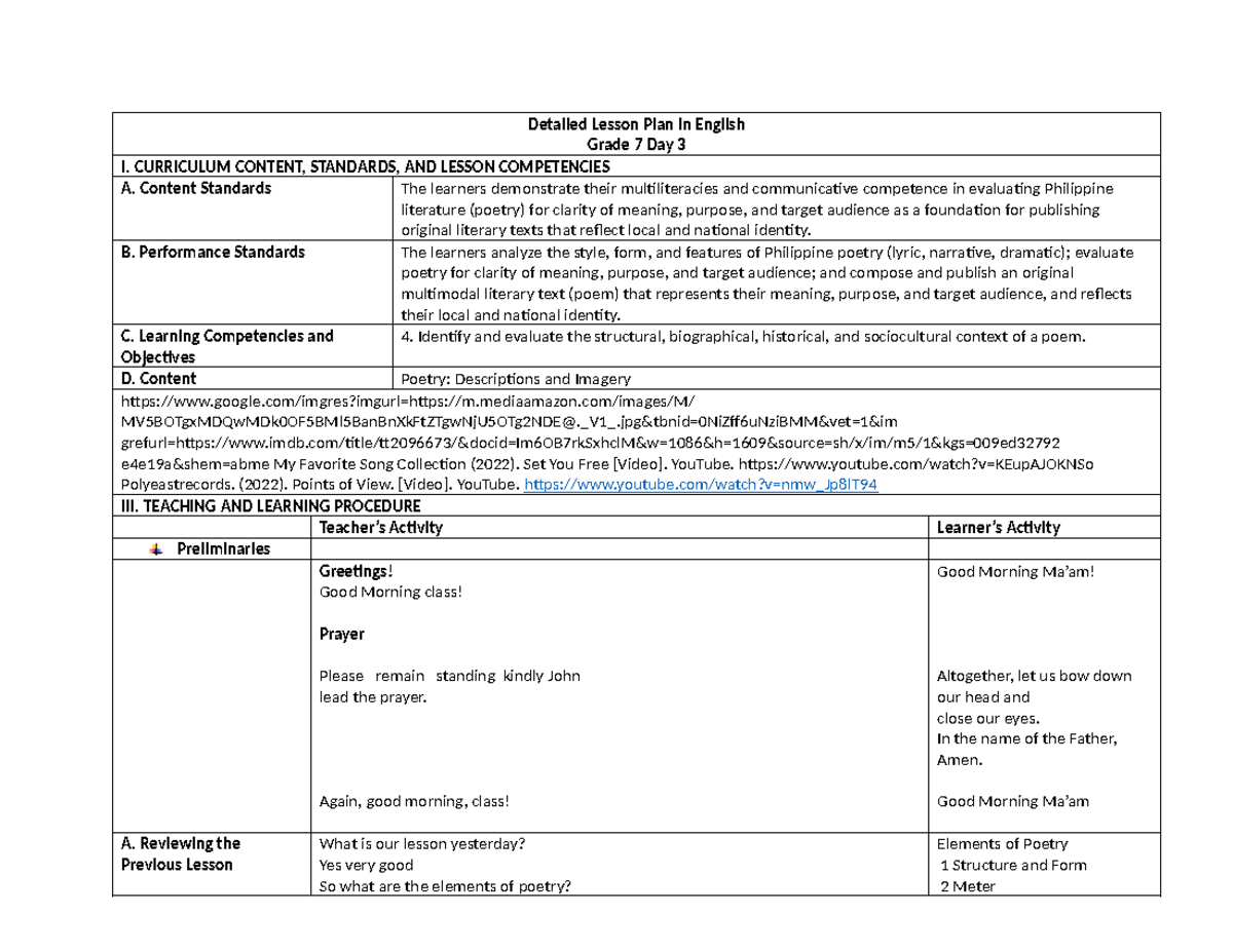 Detailed Lesson Plan in English day3 - Detailed Lesson Plan in English ...