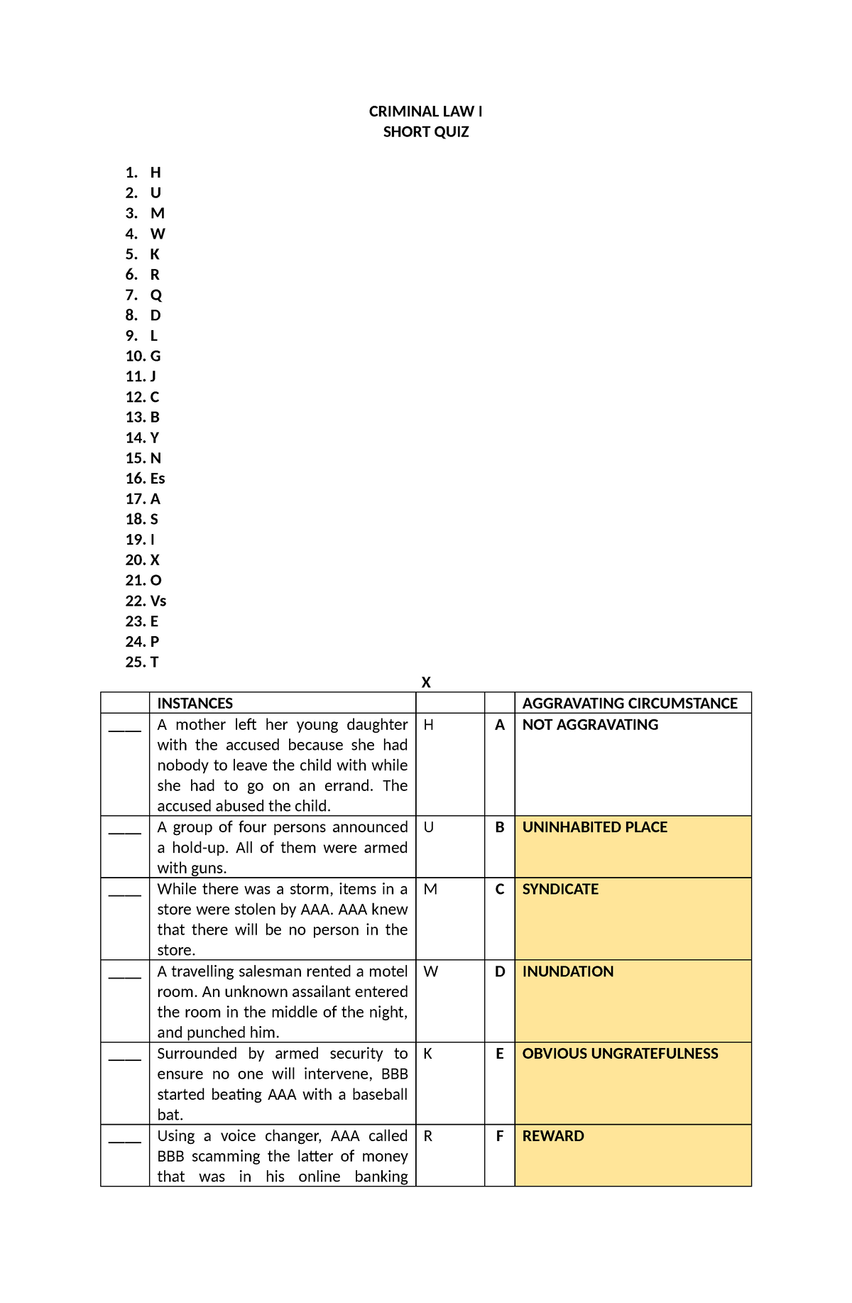 Matching Type Examination - CRIMINAL LAW I SHORT QUIZ 1. H 2. U 3. M 4 ...