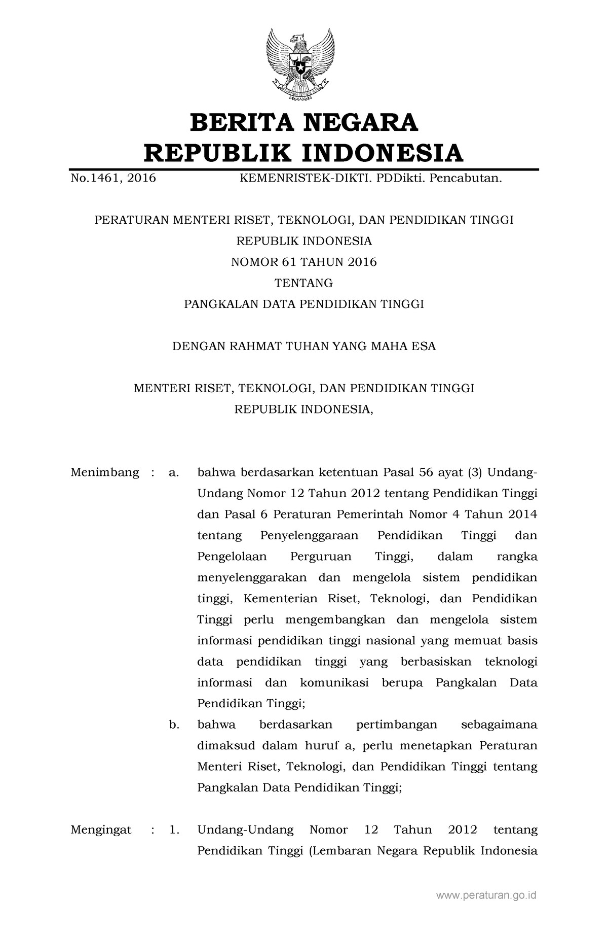 Permenristekdikti Nomor 61 Tahun 2016 - BERITA NEGARA REPUBLIK ...