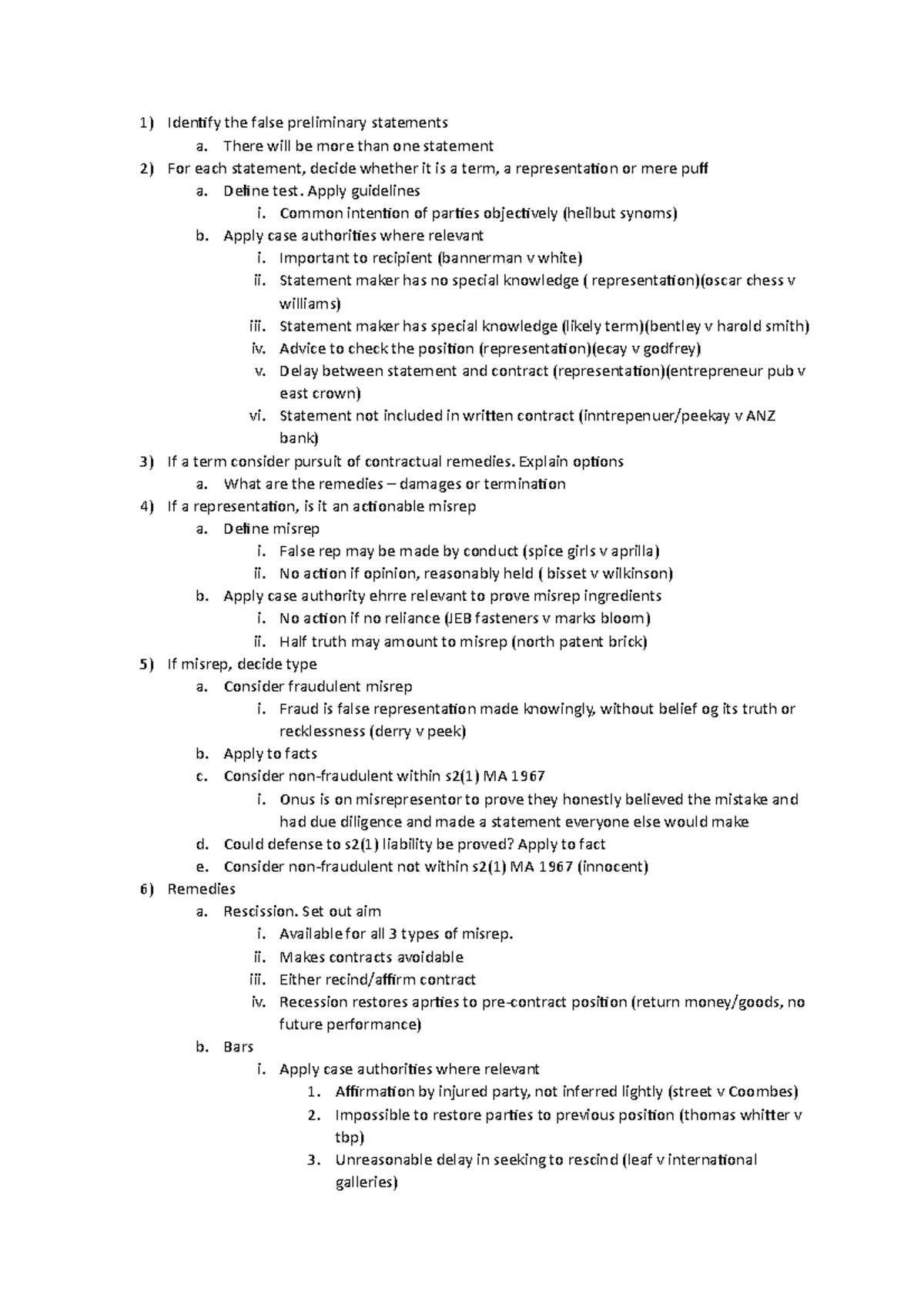 Misrepresentation structure - Identify the false preliminary statements ...