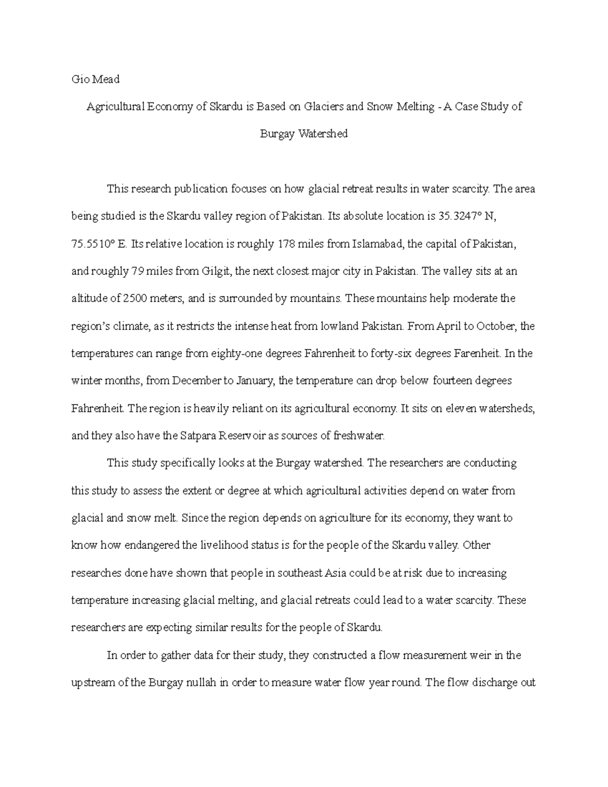 Physical Geography Project Gio Mead Agricultural Economy of Skardu is