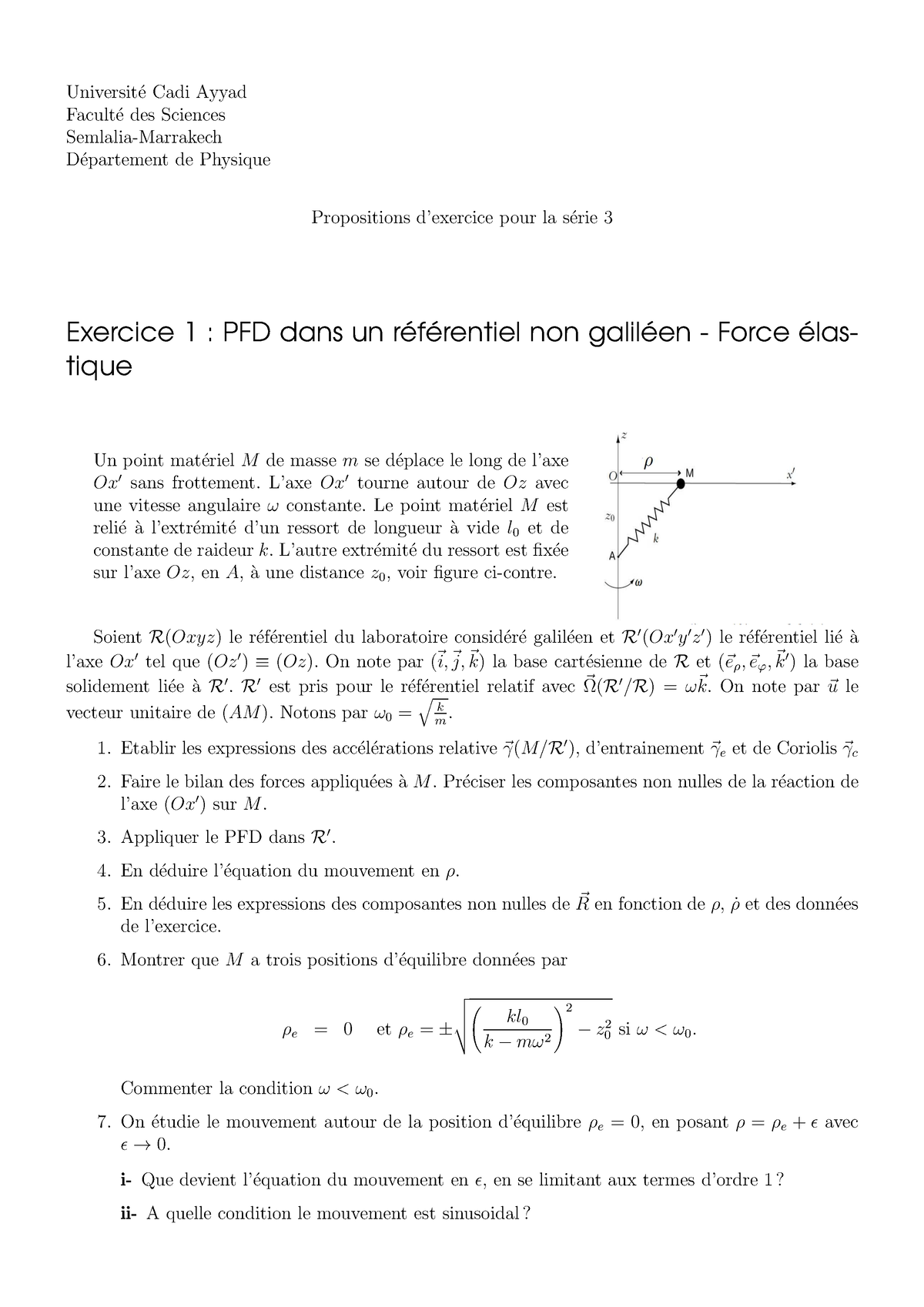 Td3 Mécanique De Point 20 Universit ́e Cadi Ayyad Facult ́e Des Sciences Semlalia Marrakech D 0849