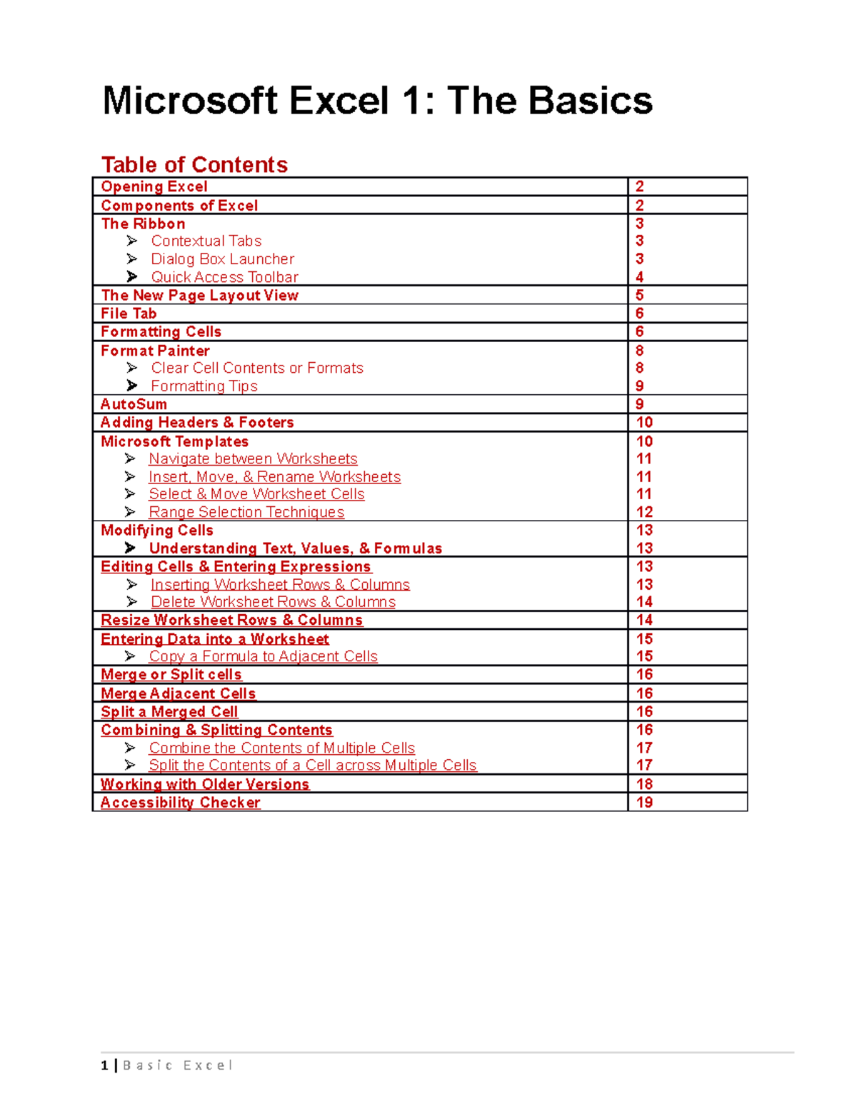 MS Excel Basic - Microsoft Excel 1: The Basics Table of Contents ...