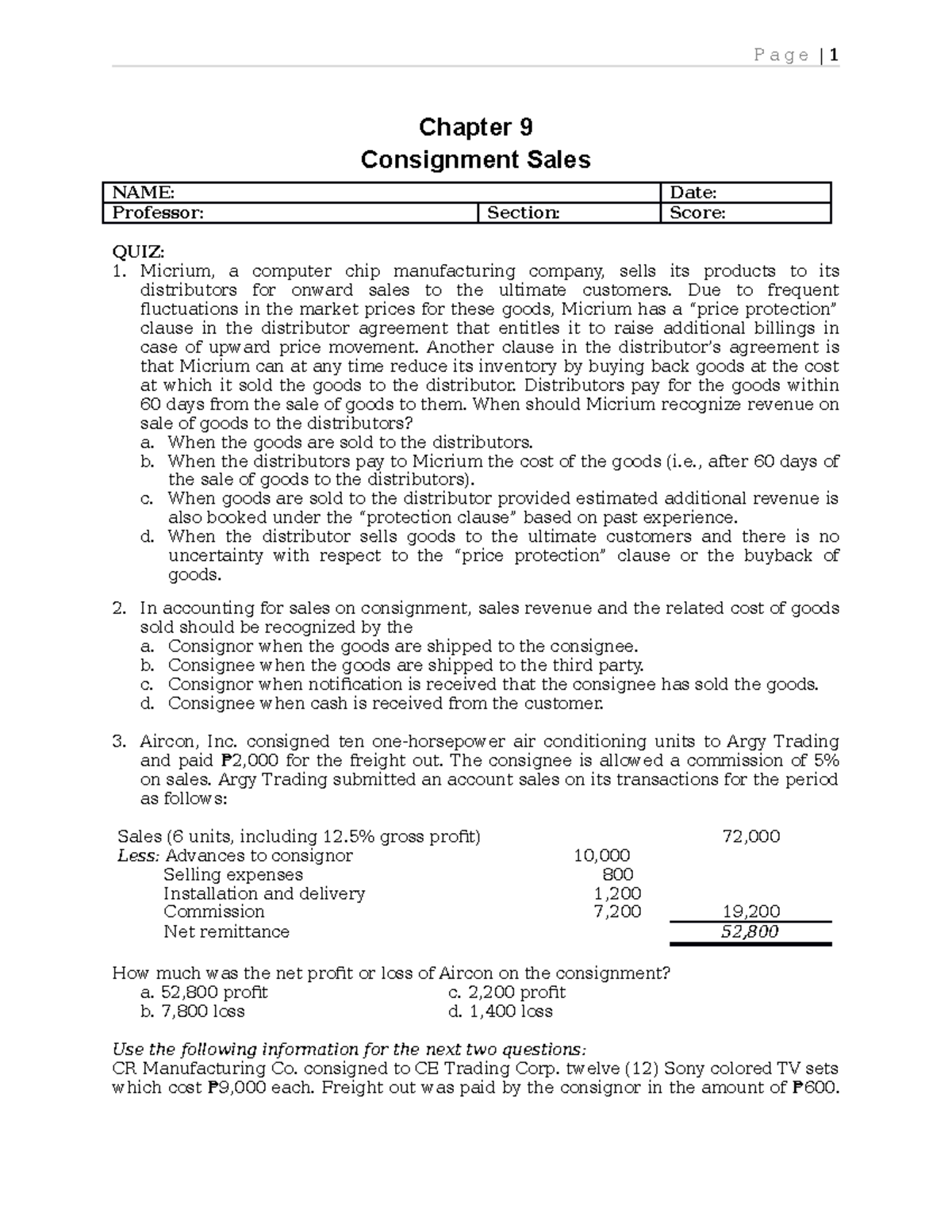 QUIZ Chapter9 Consignment SalesCopyCopy P a g e 1 Chapter 9