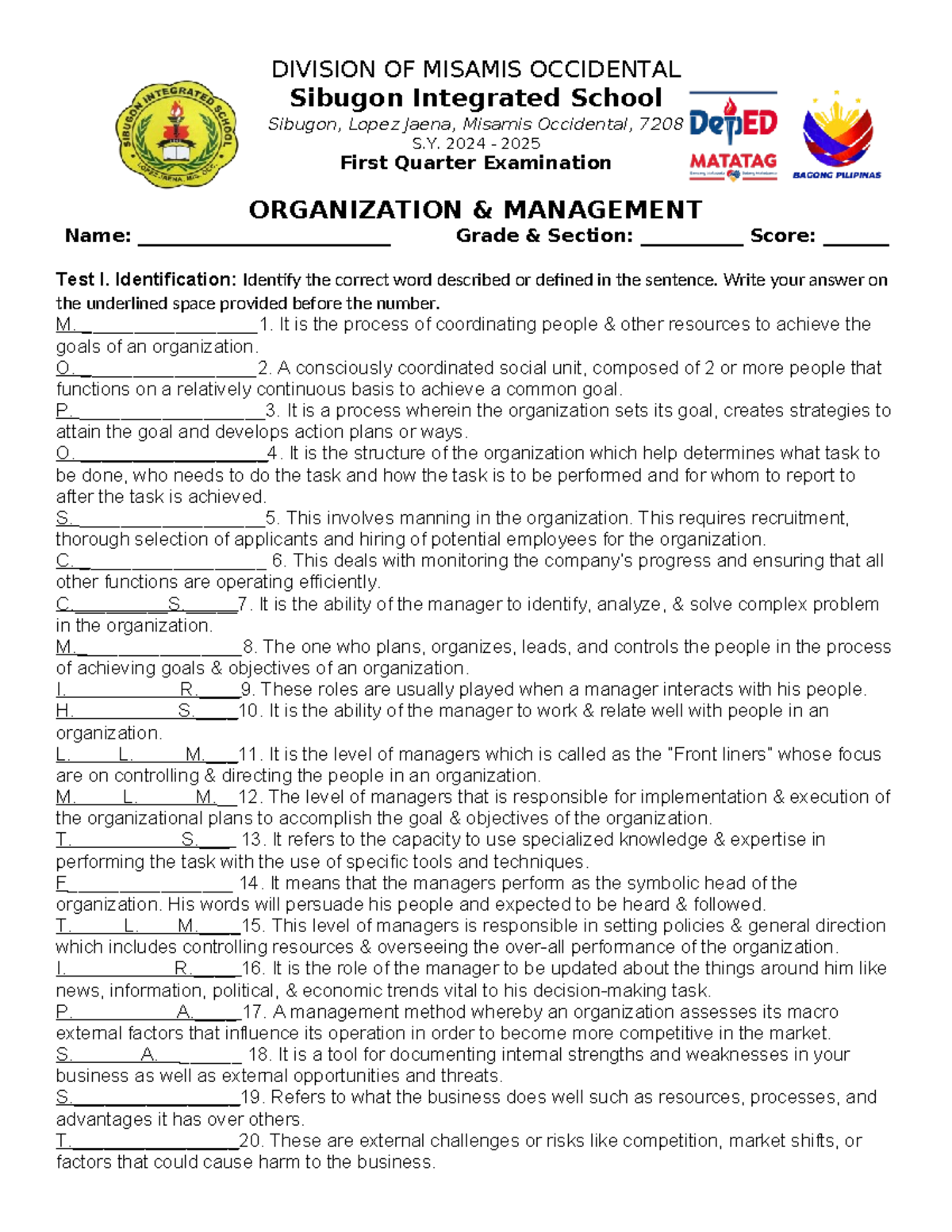 Organization & Management 1st Quarter Exam - DIVISION OF MISAMIS ...
