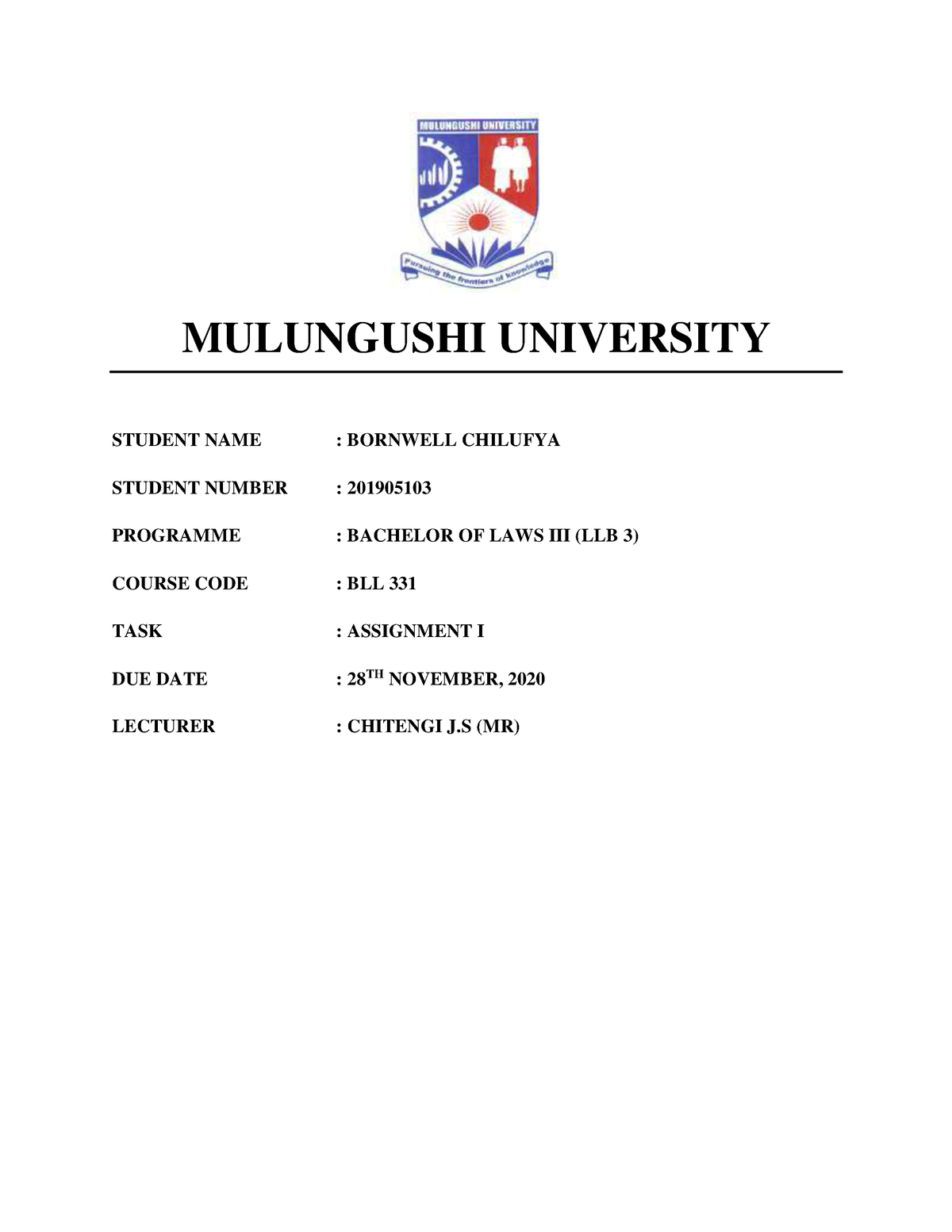 mulungushi university assignment cover page