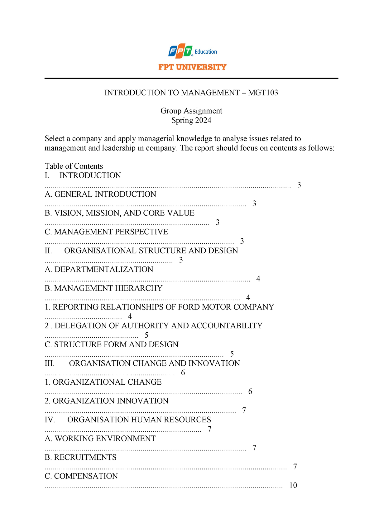 MGT103-Group Assignment- Spring 2024 - INTRODUCTION TO MANAGEMENT – MGT ...