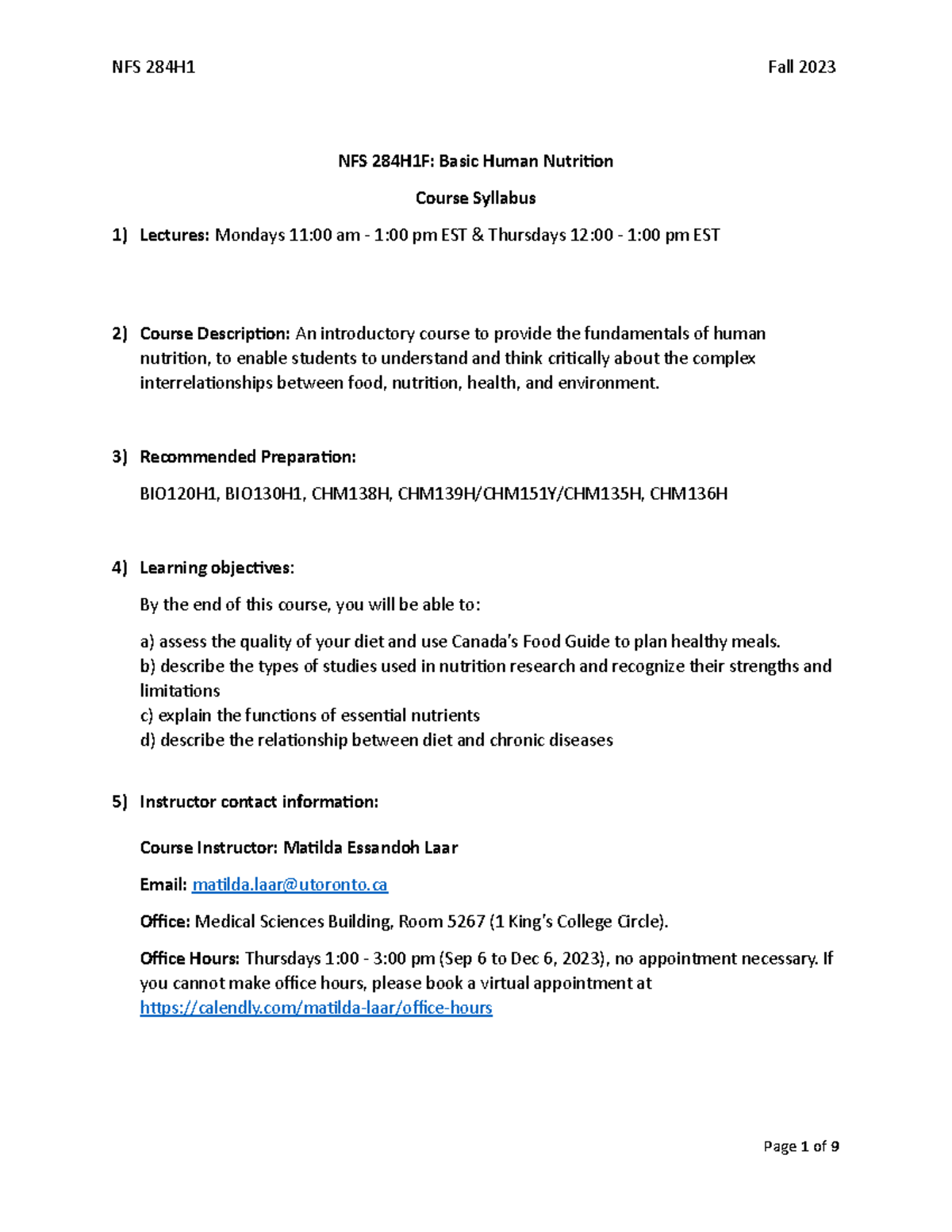 NFS284 Course Syllabus Fall 2023 final 3 - NFS 284H1F: Basic Human ...