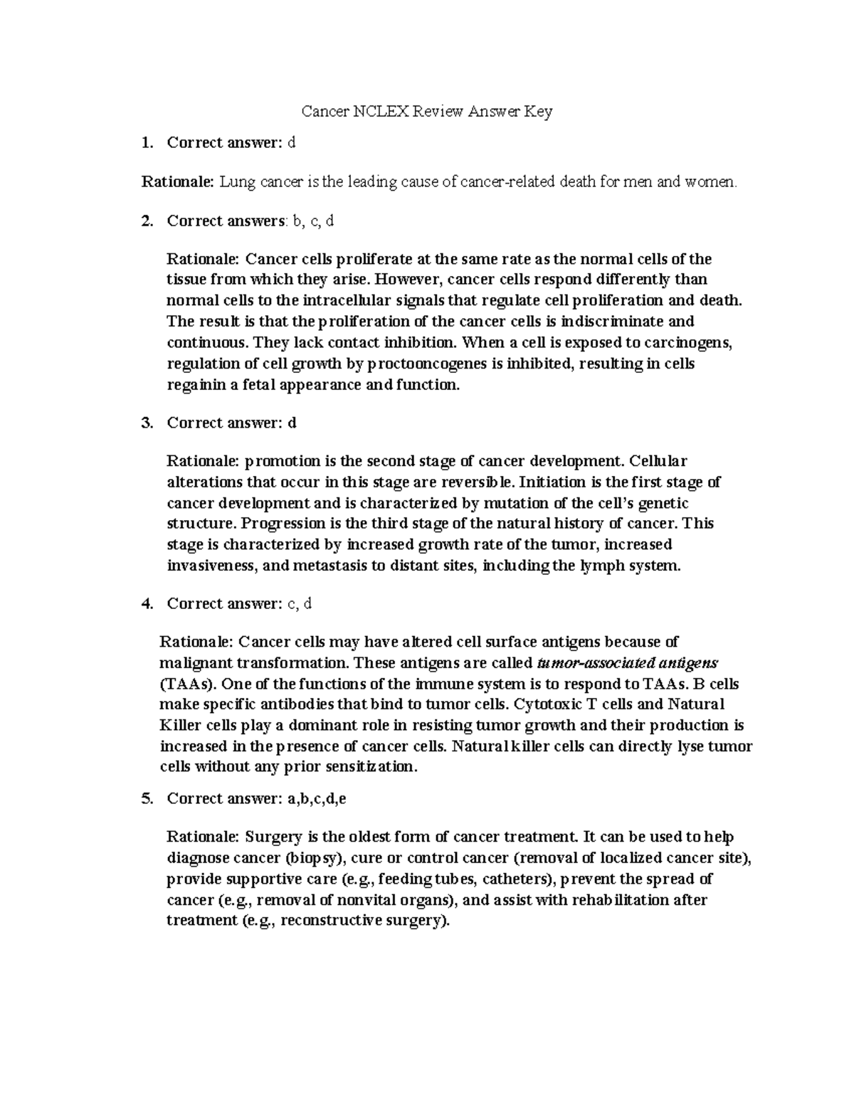 Cancer Answer Key for Nclex Style Questions Cancer NCLEX Review