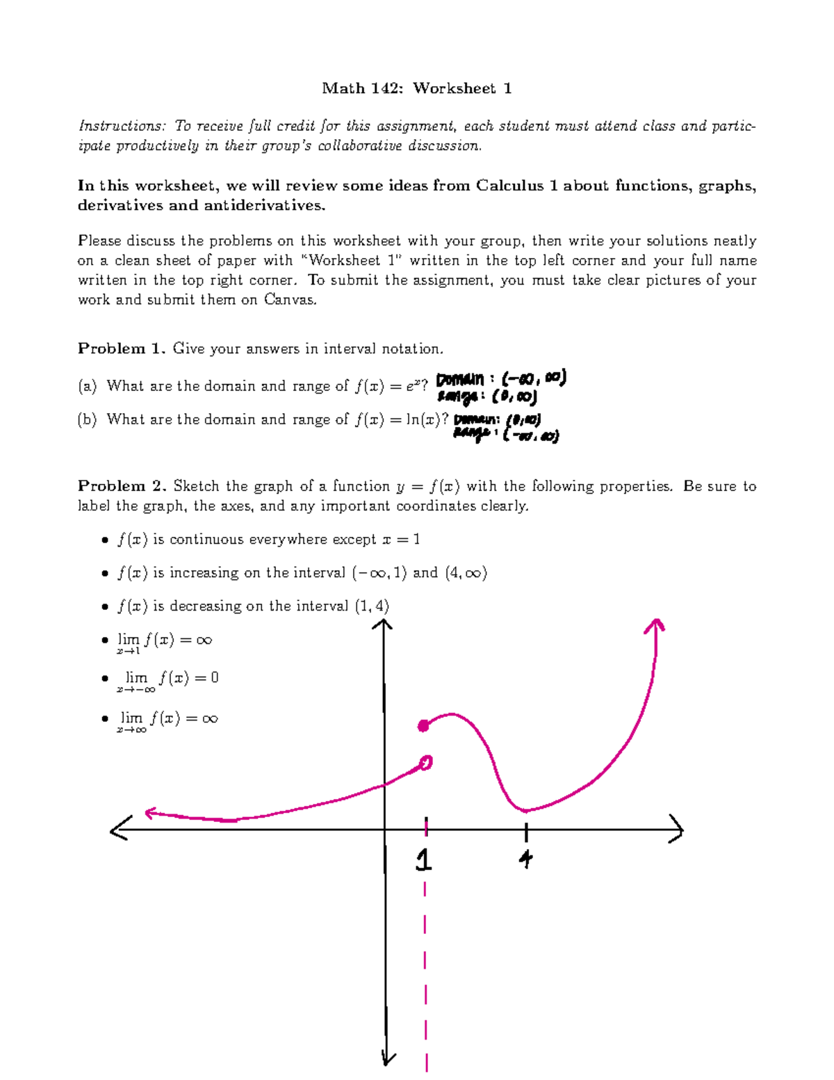 Worksheet 1 - Calculus II - Math 142: Worksheet 1 Instructions: To ...