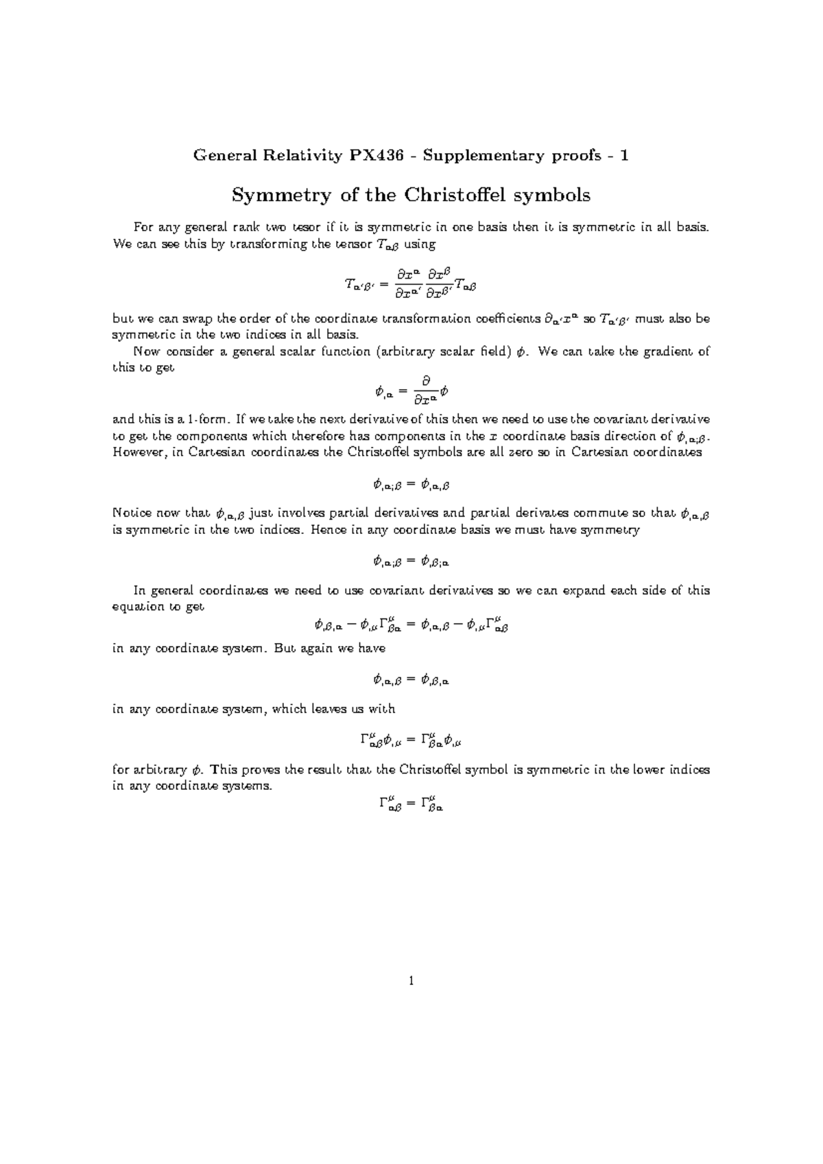 Christoffel symbol symmetry - General Relativity PX436 - Supplementary ...