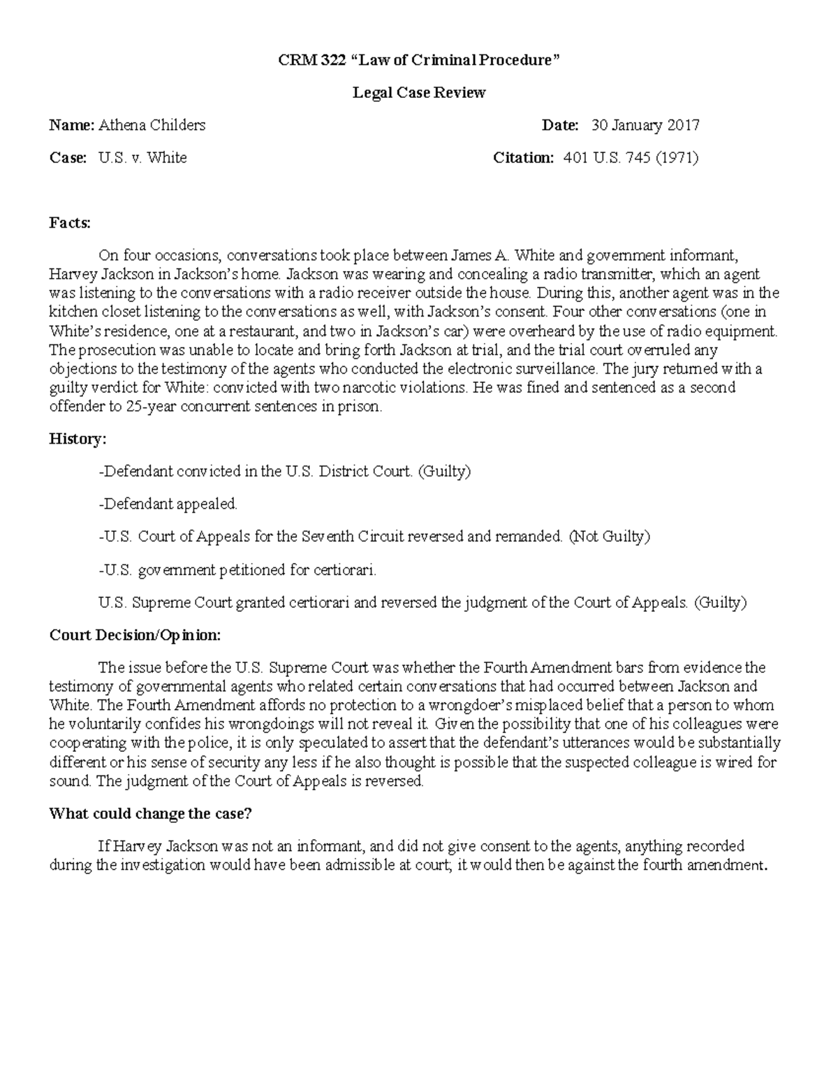 Case Review Chapter 3 US V. White - CRM 322 “Law Of Criminal Procedure ...