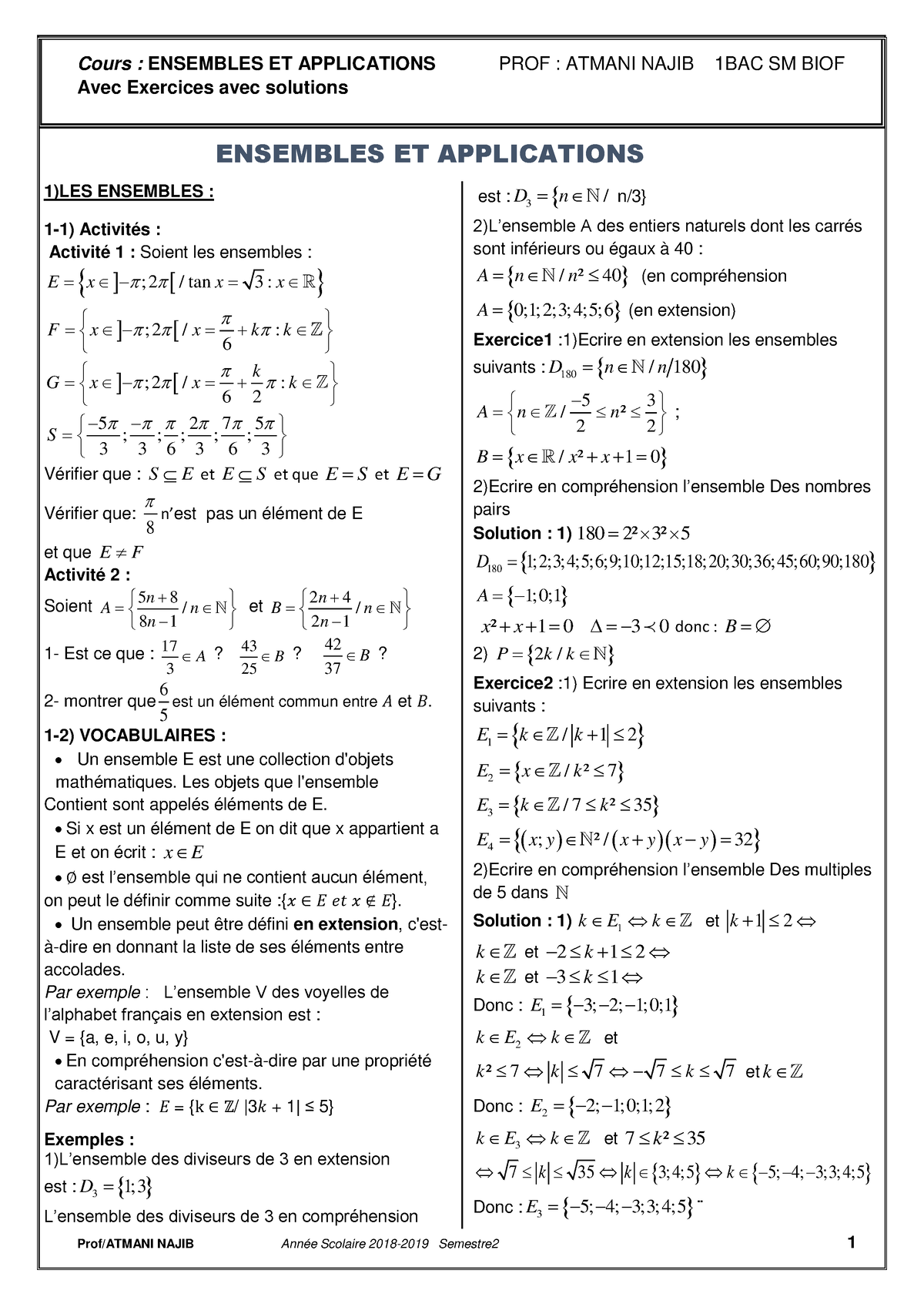 Ensembles Et Applications Cours Et Exercices Corriges 1 - Cours ...