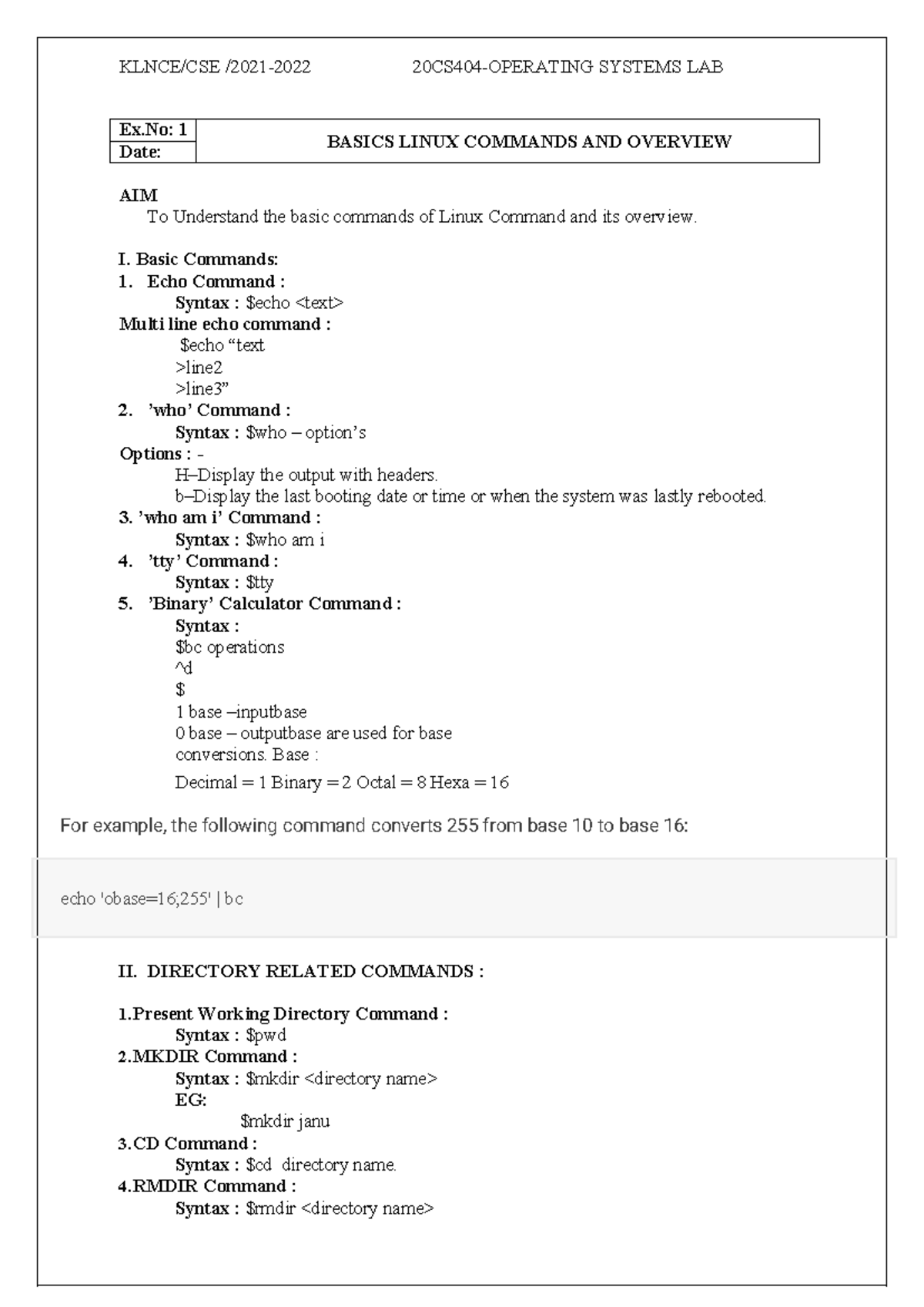 OS LAB Manual-1 - KLNCE/CSE /2021- (EVEN) 20CS404-OPERATING SYSTEMS LAB ...