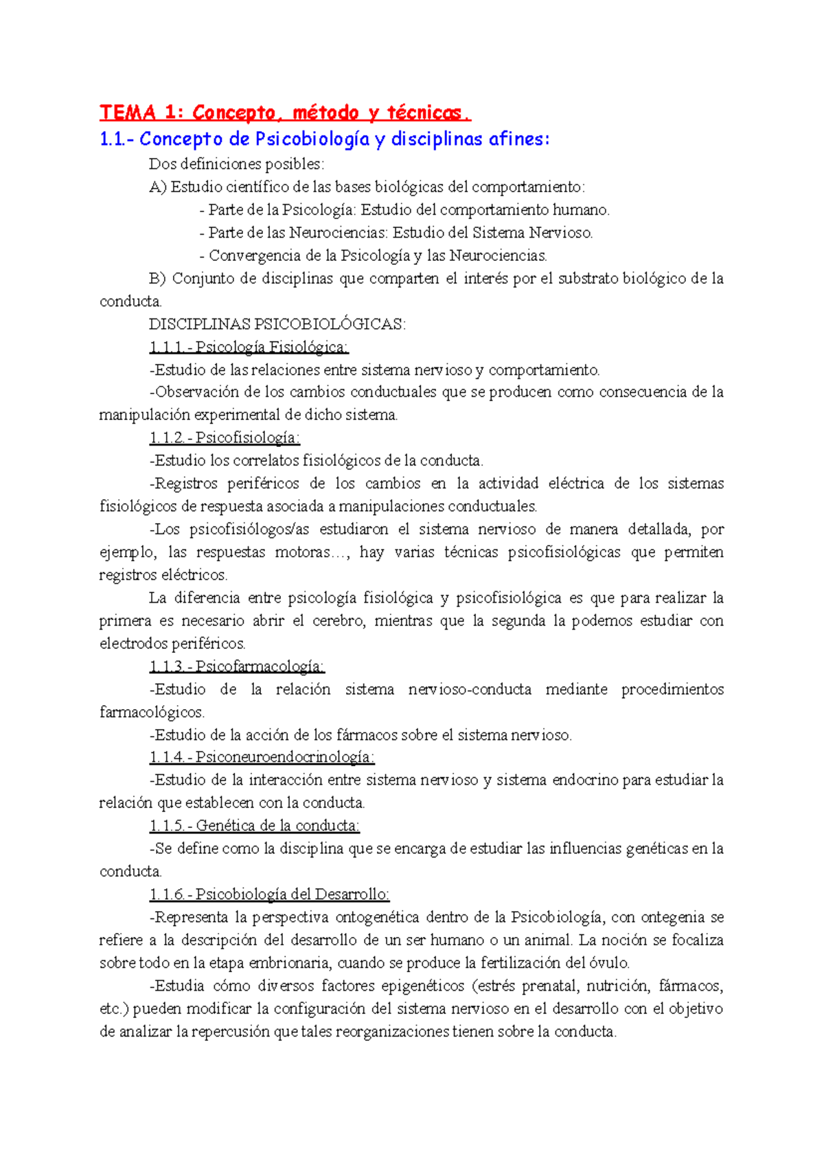 TEMA 1 Concepto, Método Y Técnicas - 1.- Concepto De Psicobiología Y ...