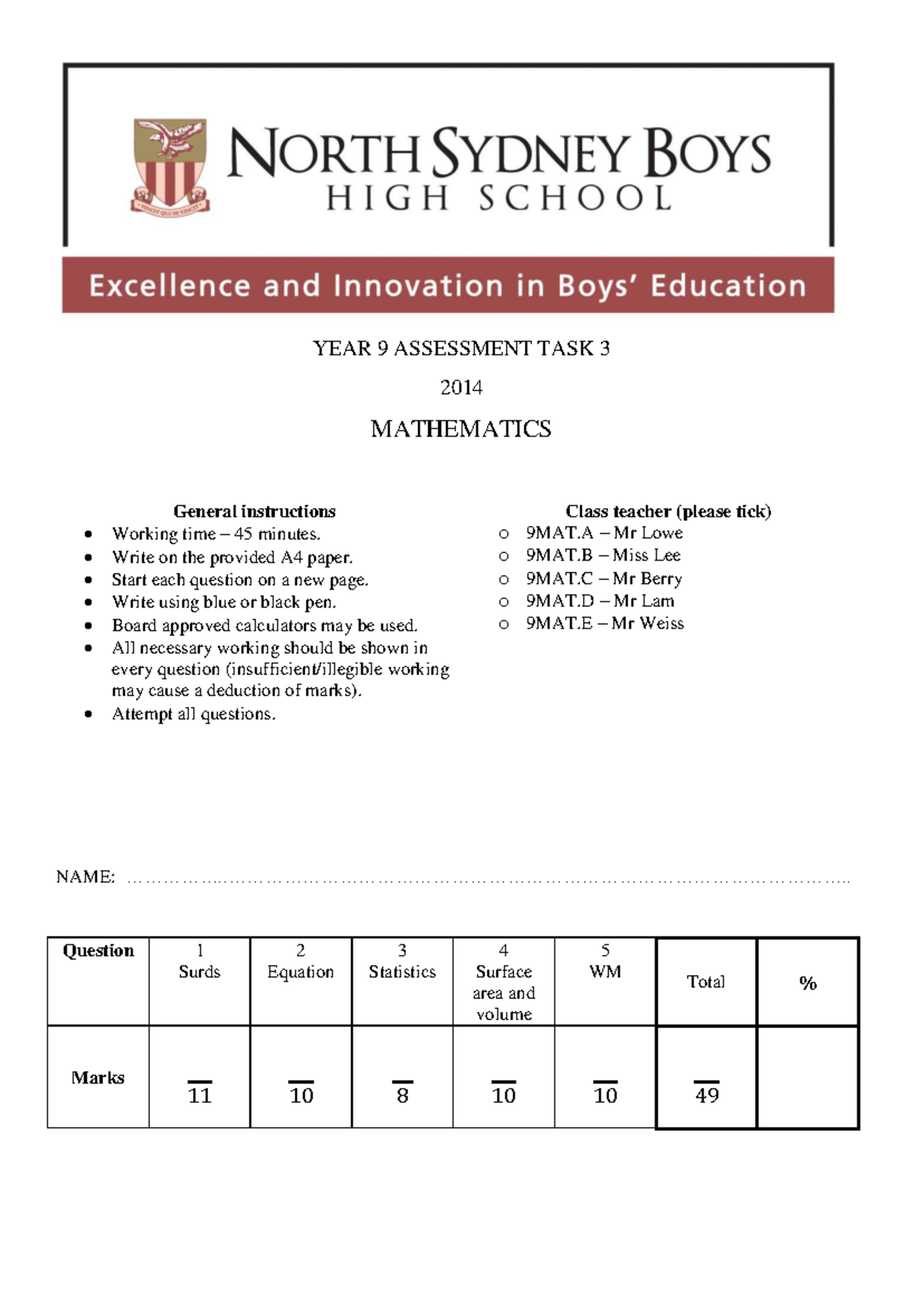 Task 3 2014 Yr 9 - Past Paper - YEAR 9 ASSESSMENT TASK 3 2014 ...