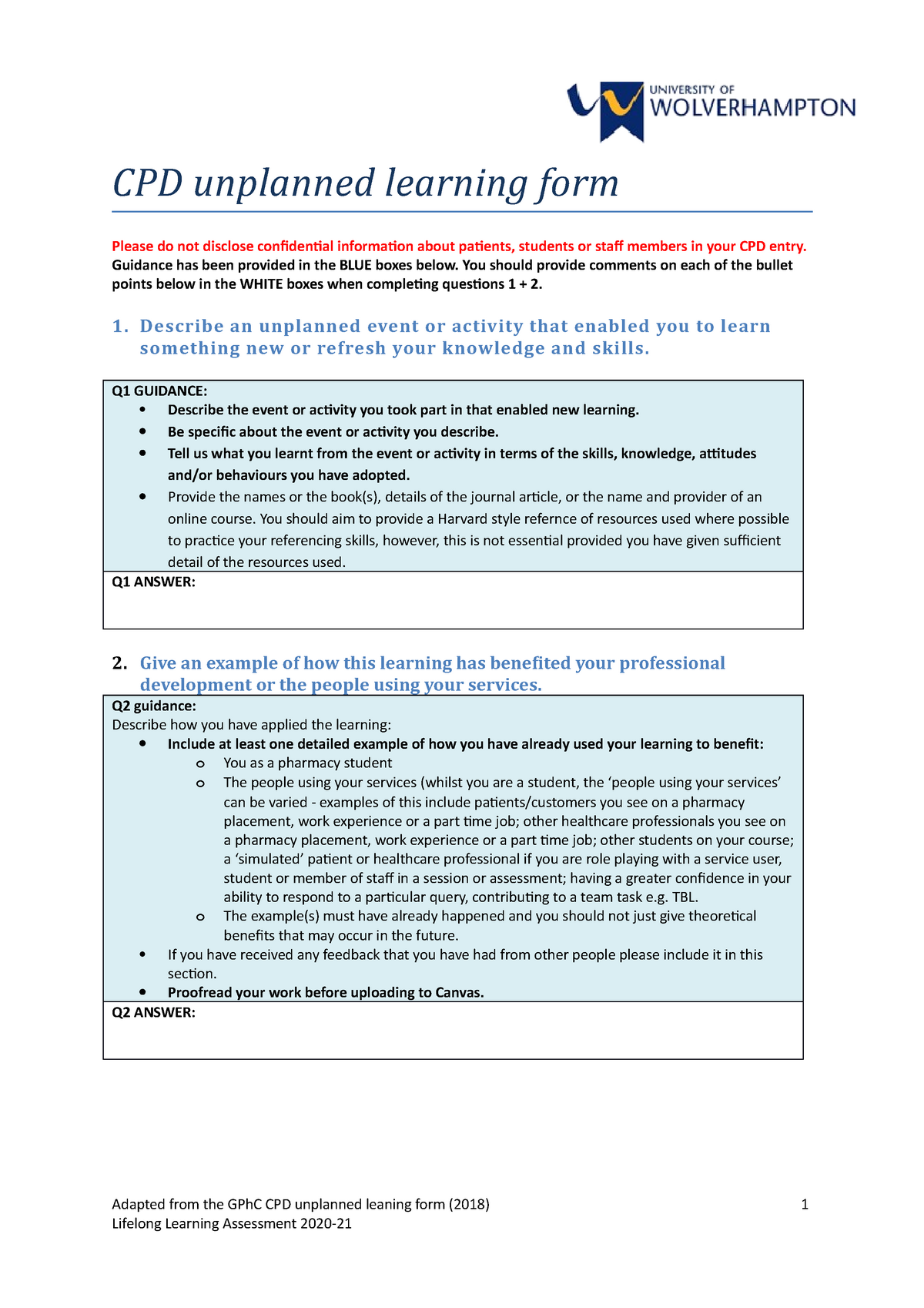 CPD Unplanned Reflection Form CPD Unplanned Learning Form Please Do 