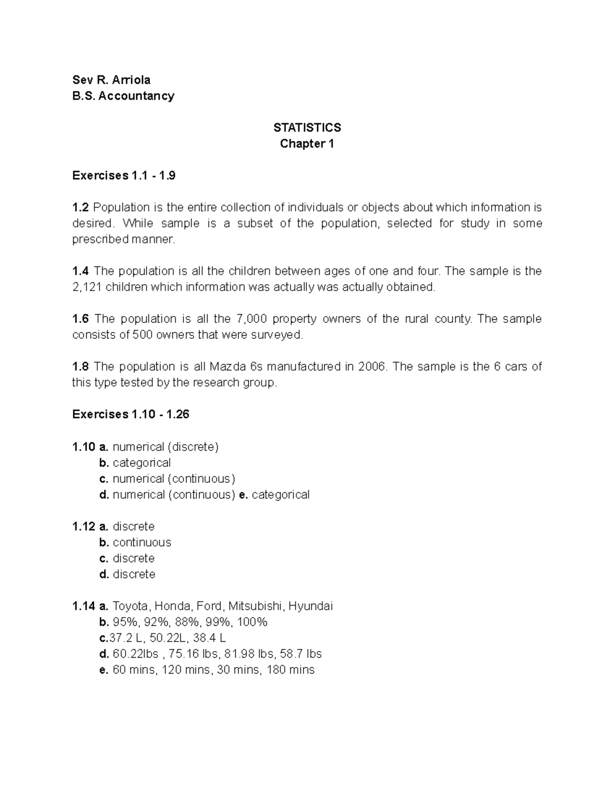 Statistics Chapter 1 - Exercises - Sev R. Arriola B. Accountancy ...