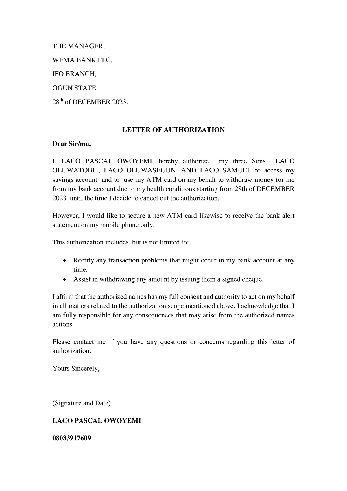 Letter OF Authorization 2 - THE MANAGER, WEMA BANK PLC, IFO BRANCH ...