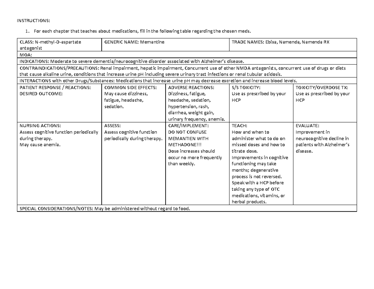 Memantine - INSTRUCTIONS: For each chapter that teaches about ...
