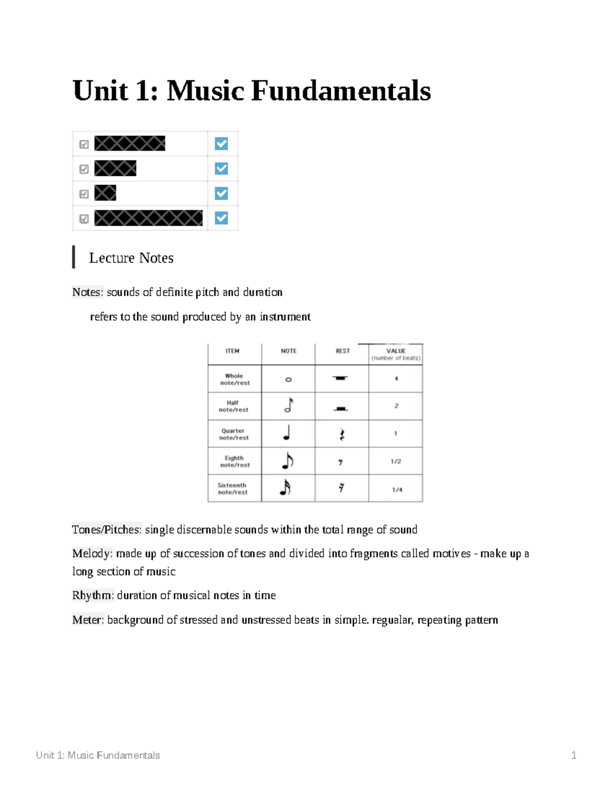 Unit 1 Music Fundamentals - Unit 1: Music Fundamentals Lecture Notes ...