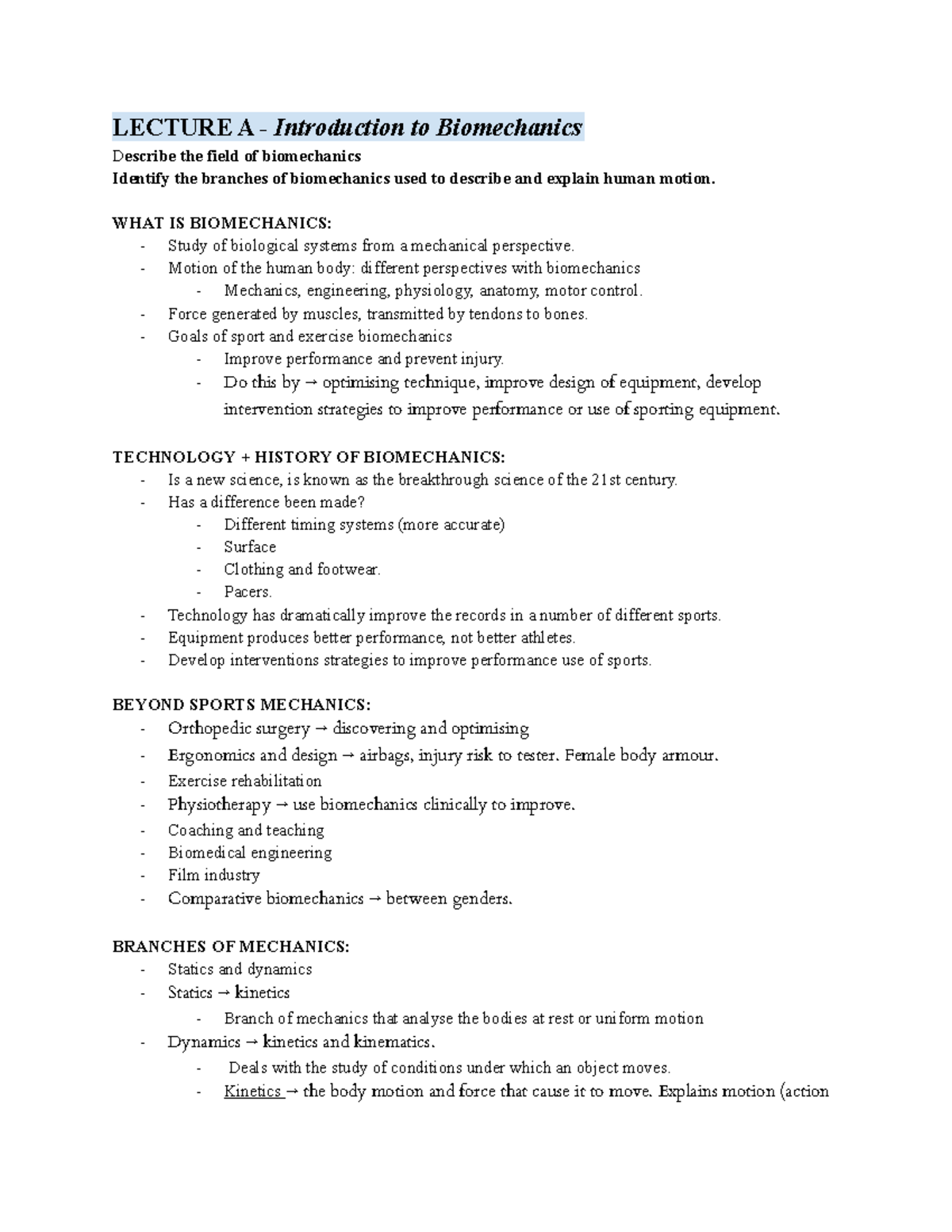 Week one - lecture notes - LECTURE A - Introduction to Biomechanics D ...