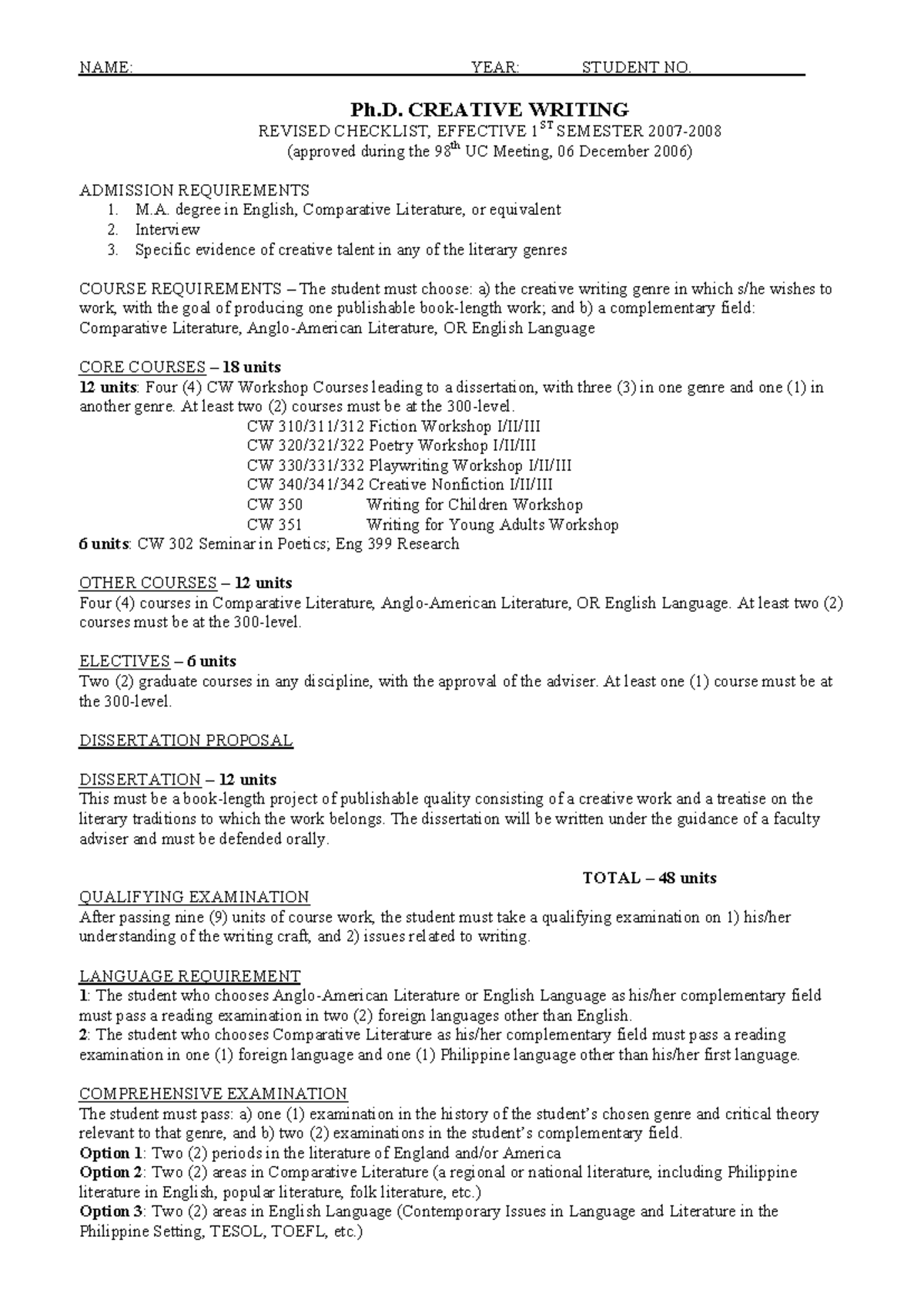 CW Ph D - Notes - NAME: YEAR: STUDENT NO. Ph. CREATIVE WRITING REVISED ...