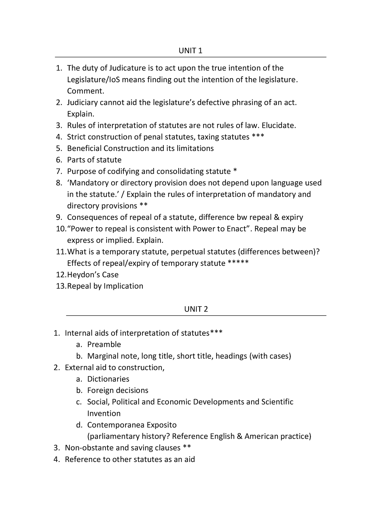 Interpretation of Statutes Questions list with problems - UNIT 1 The ...