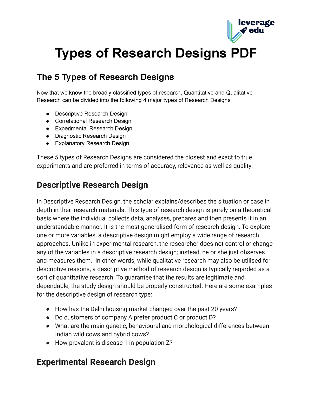 Types of Research Designs PDF Descriptive Research Design In