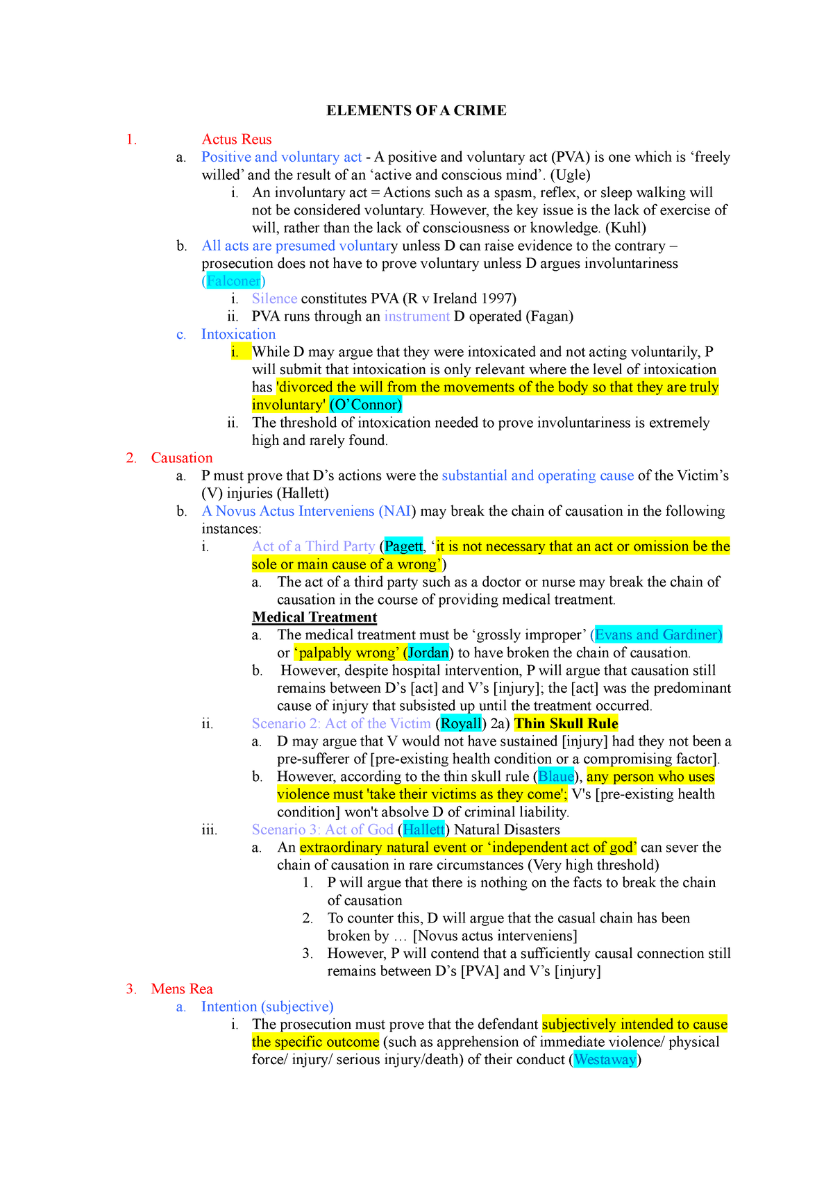 Crim 1 EXAM Notes Final - ELEMENTS OF A CRIME Actus Reus A. Positive ...