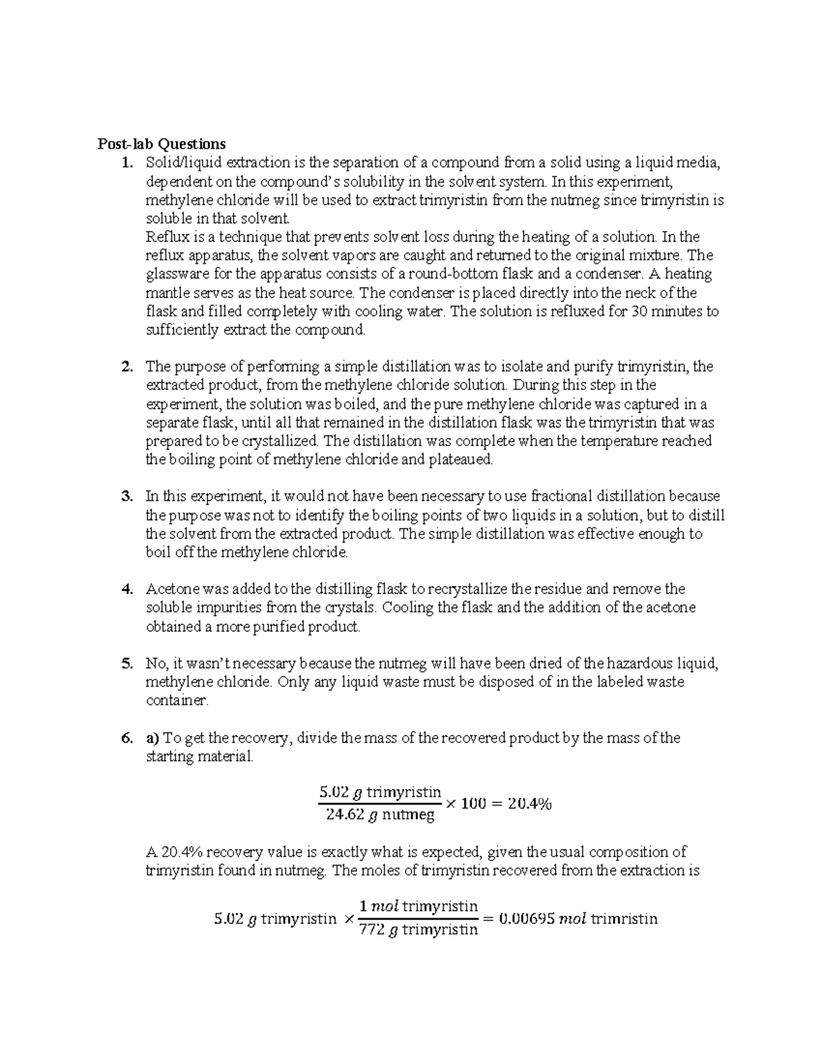 CHEM2211 Extraction of Nutmeg Post-lab Questions - Post-lab Questions 1 ...