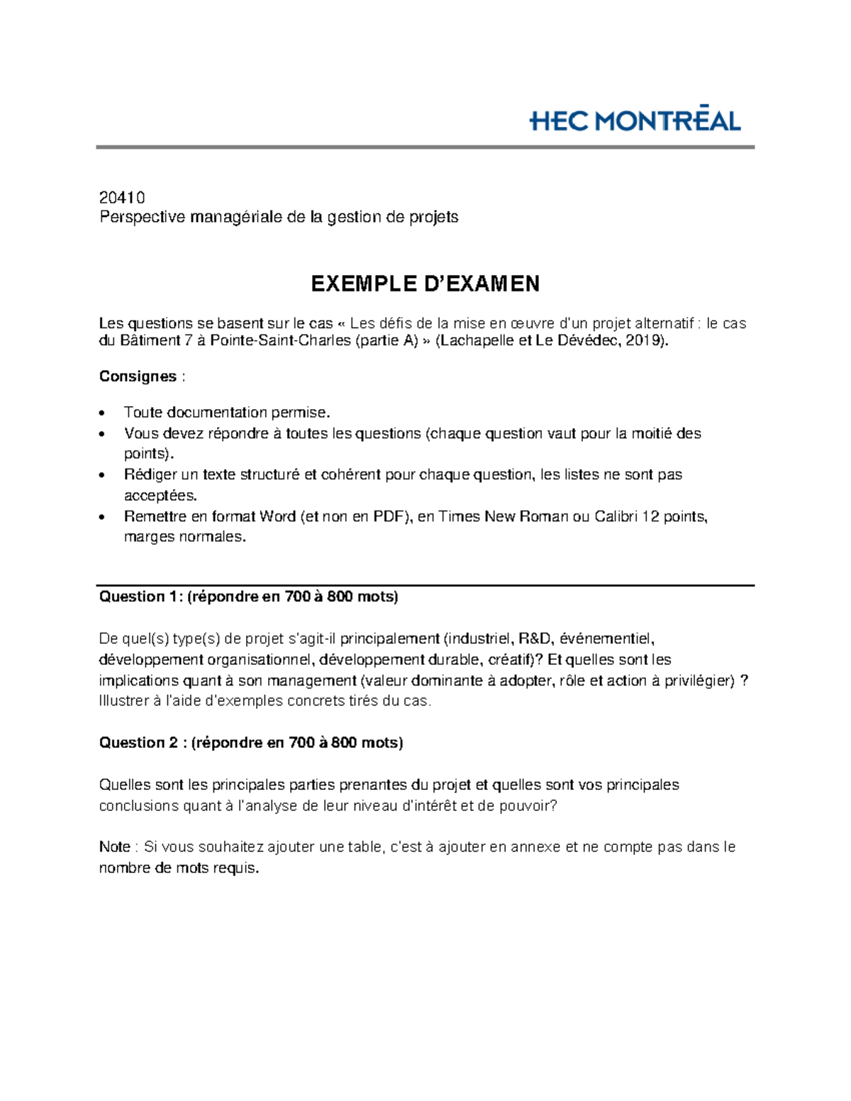 Exemple d examen gestion de projets  20410 Perspective managériale de