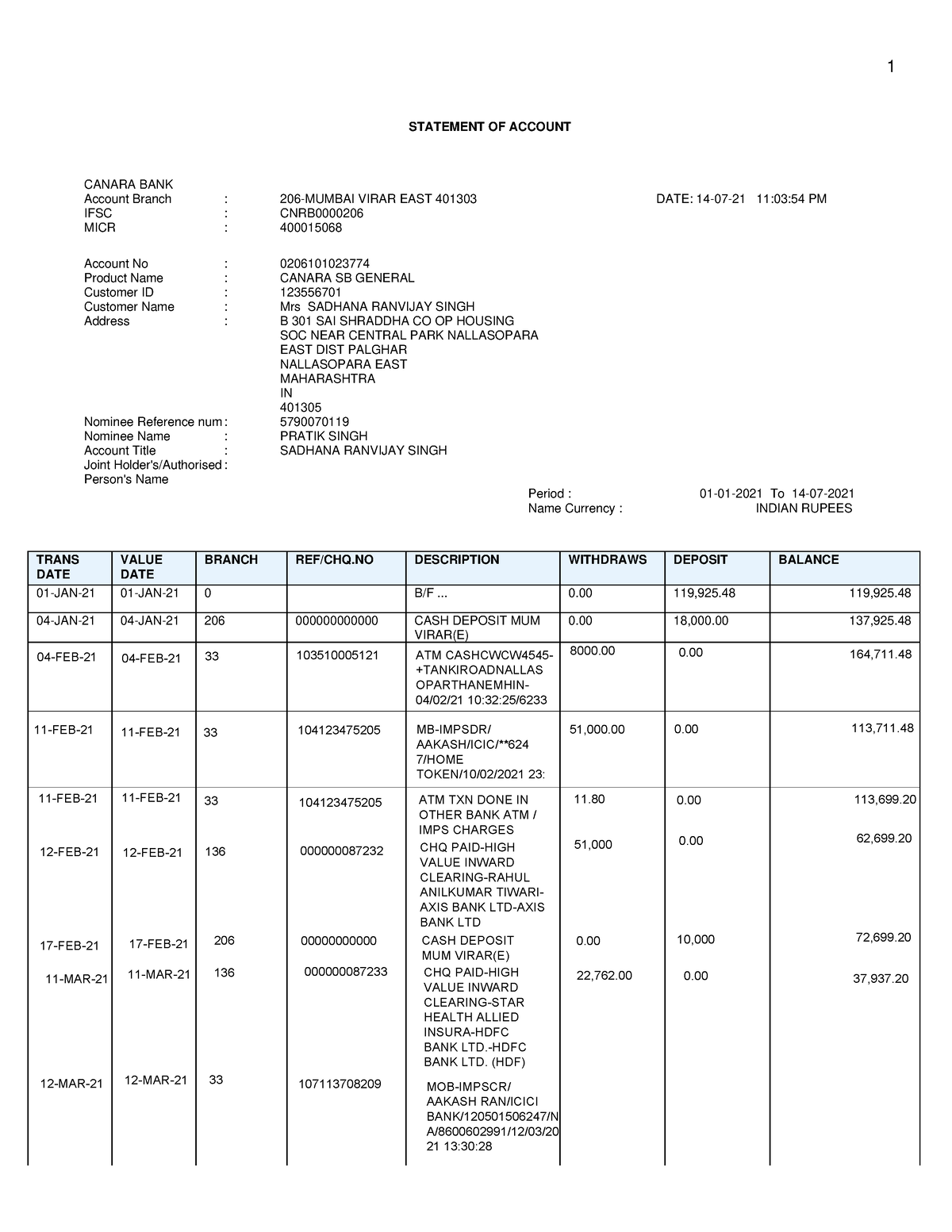 0206101023774 - Statement Of Account Canara Bank Account Branch : 206 