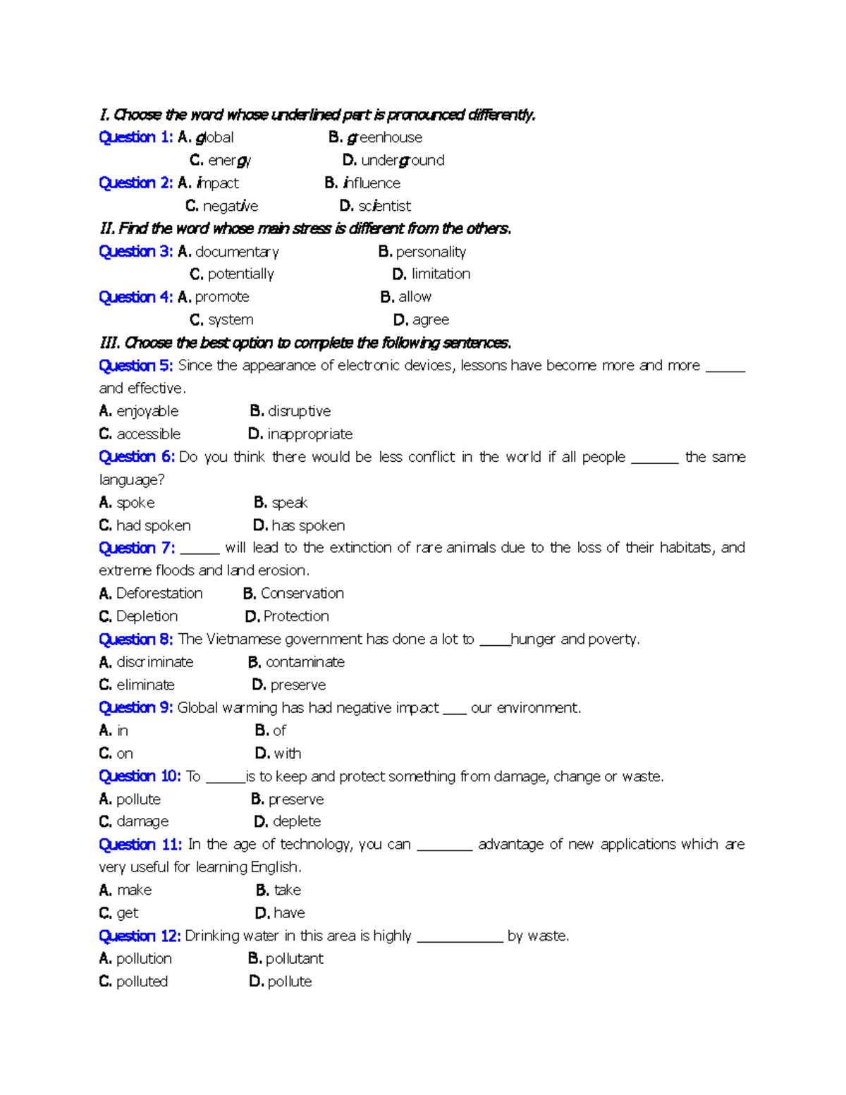 TEST 2 - Bài Kiểm Tra - I. Choose The Word Whose Underlined Part Is ...