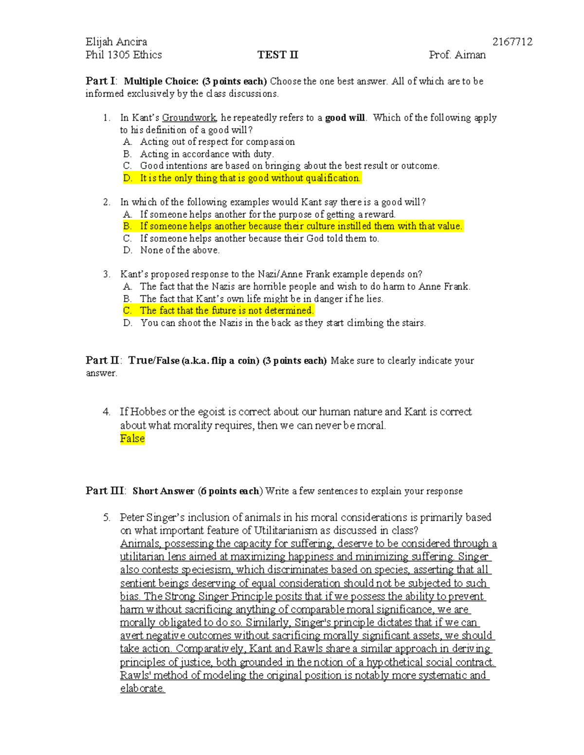 Spring 2024 ethics test #2 - Elijah Ancira - Phil 1305 Ethics TEST II ...