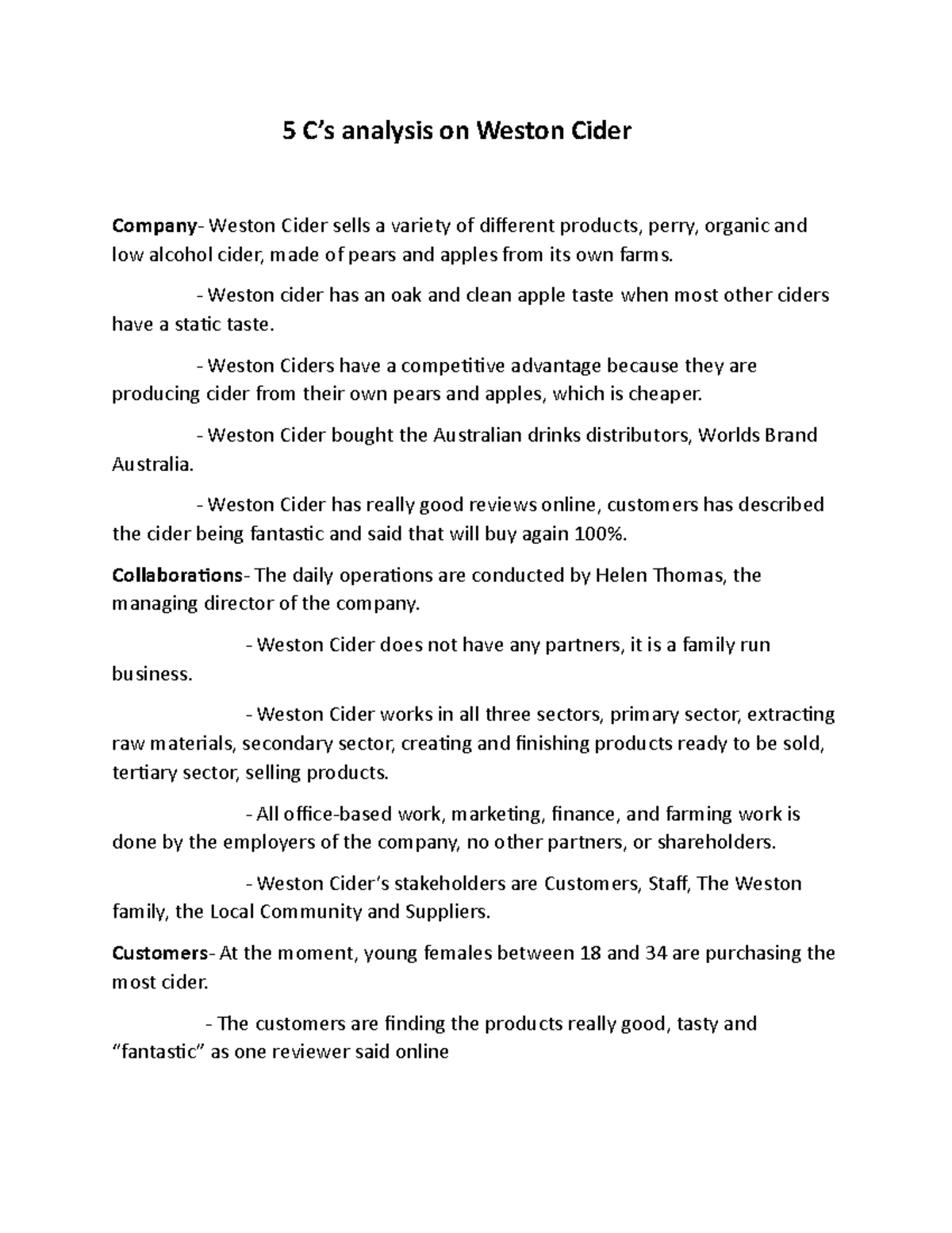 5 C's analysis Weston Cider 5 C’s analysis on Weston Cider Company